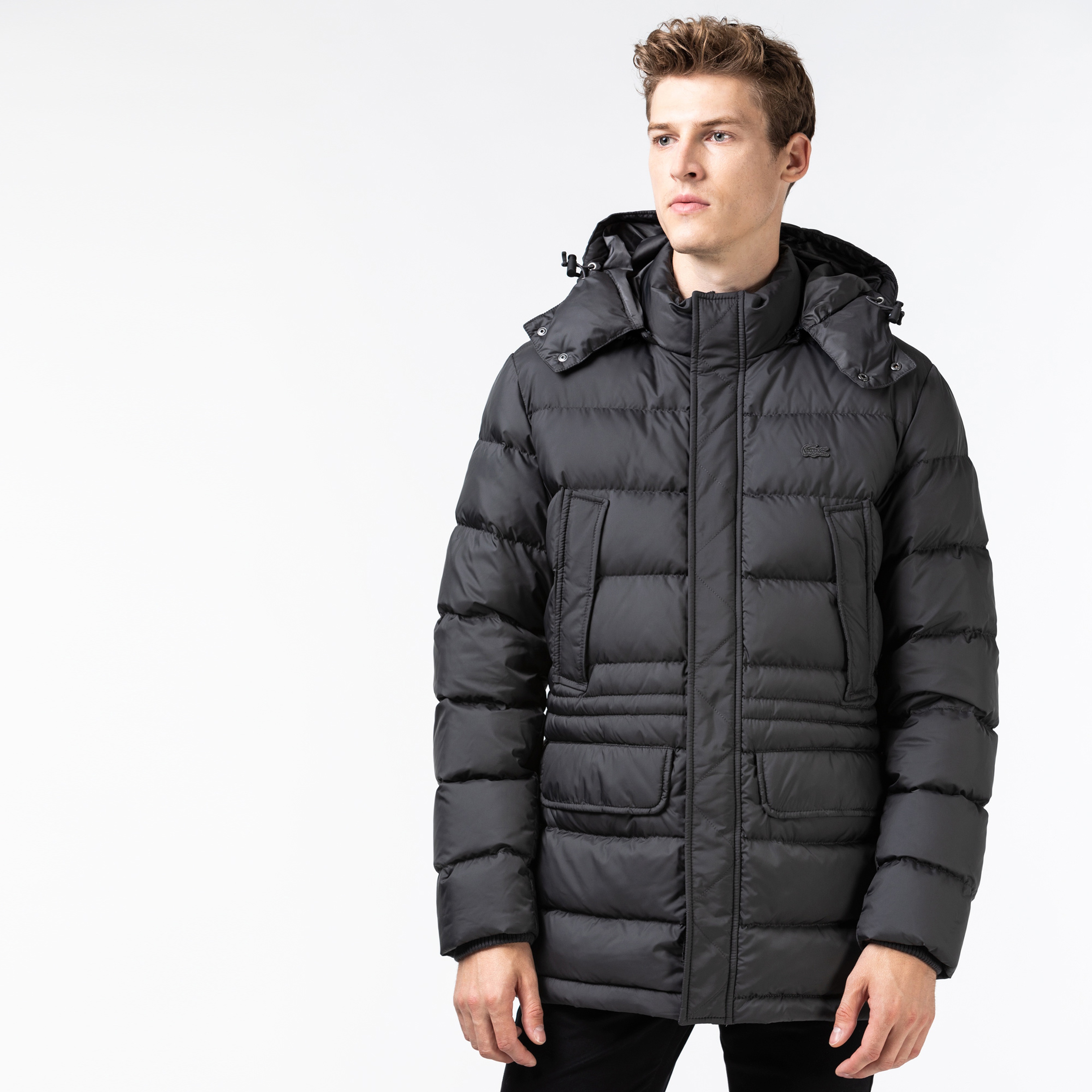 Lacoste Erkek Kapitone Kapüşonlu Gri Mont