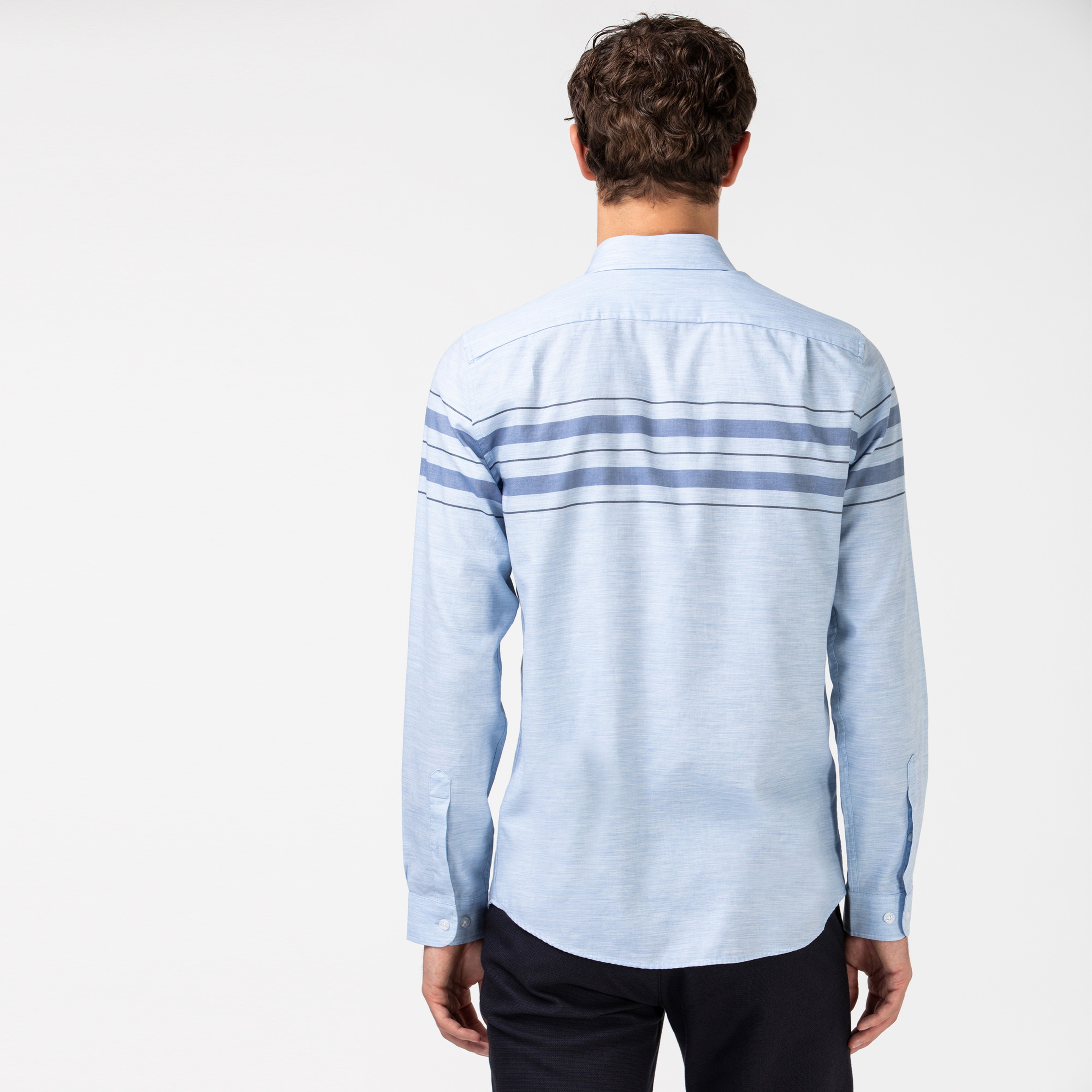 Lacoste Erkek Slim Fit Çizgili Mavi Gömlek