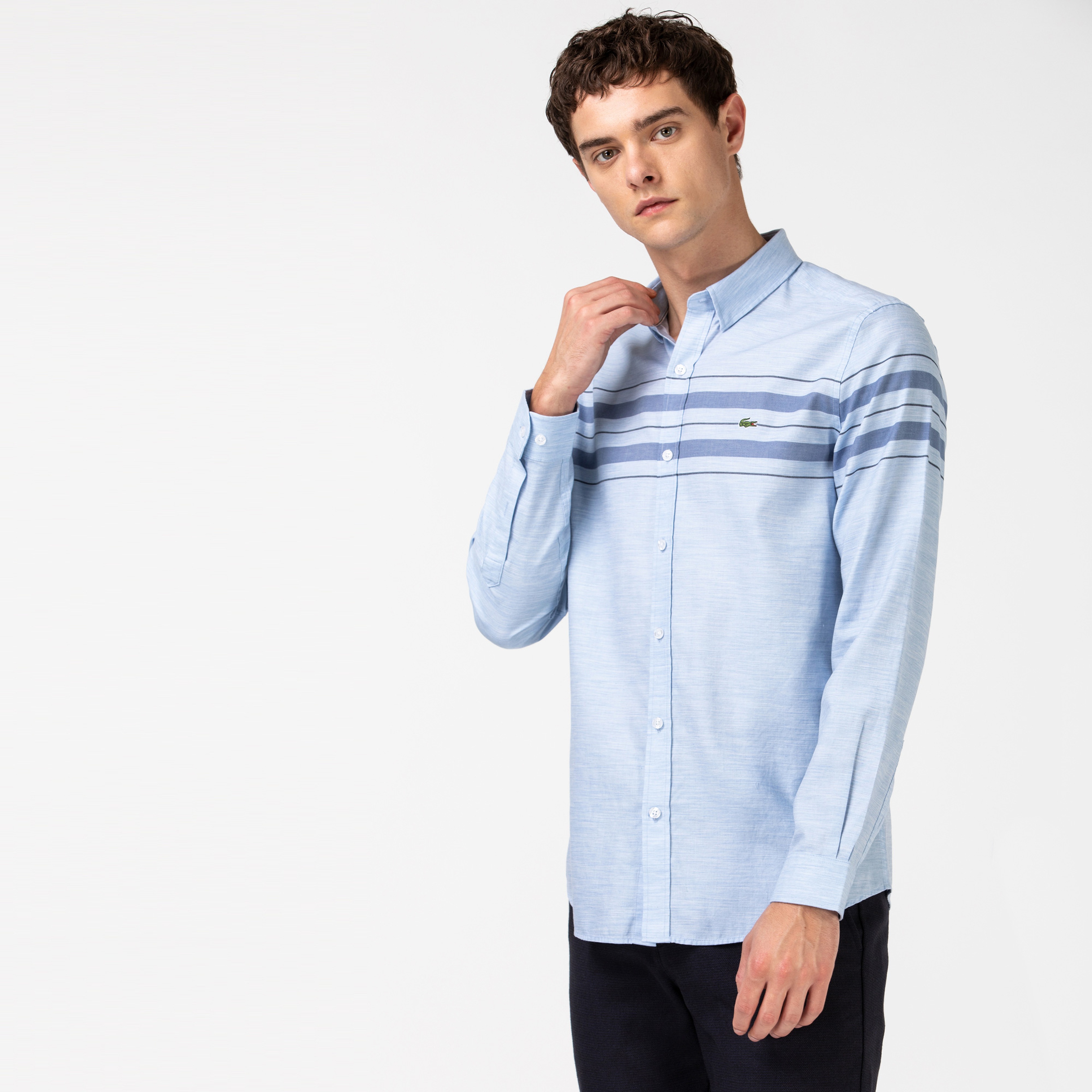 Lacoste Erkek Slim Fit Çizgili Mavi Gömlek
