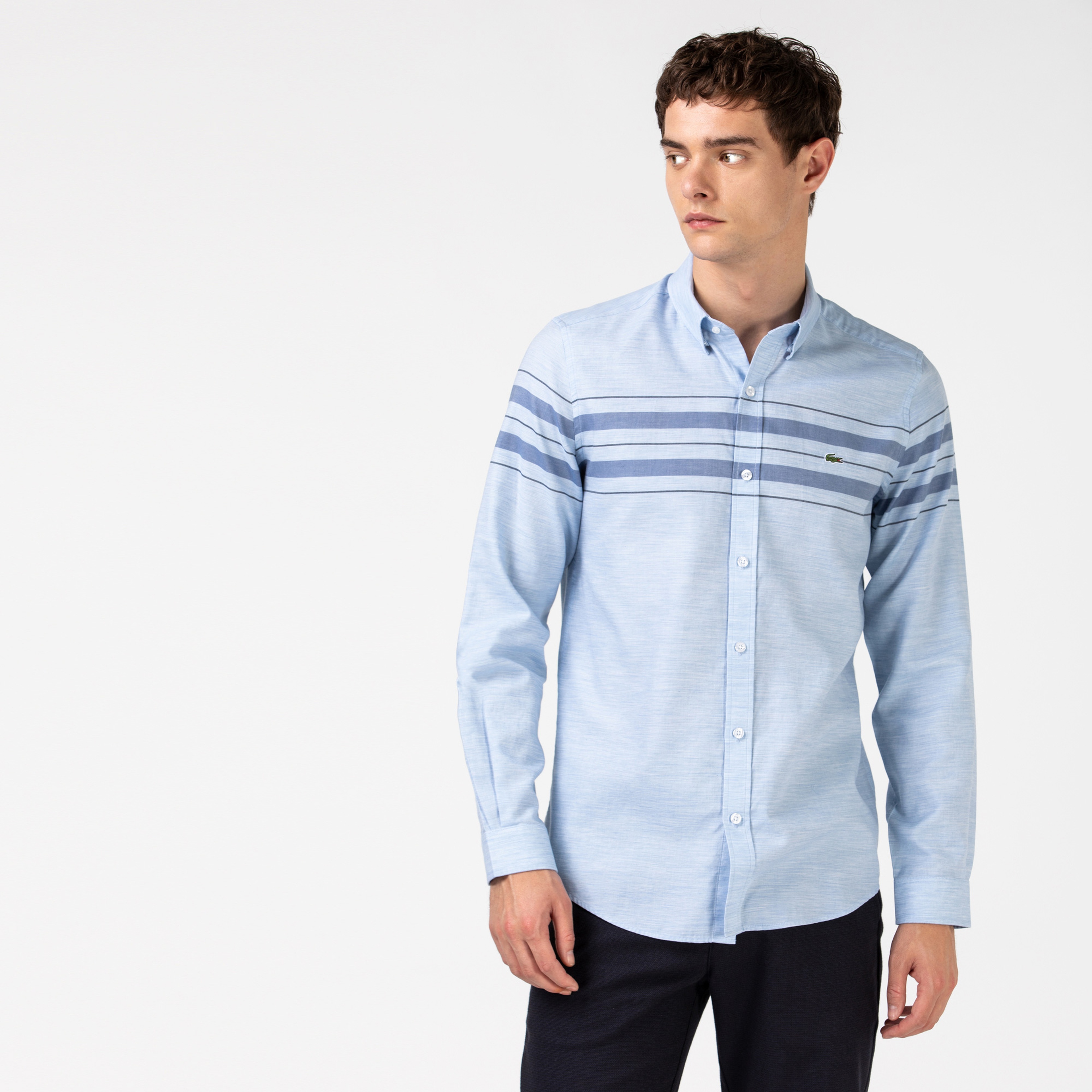 Lacoste Erkek Slim Fit Çizgili Mavi Gömlek