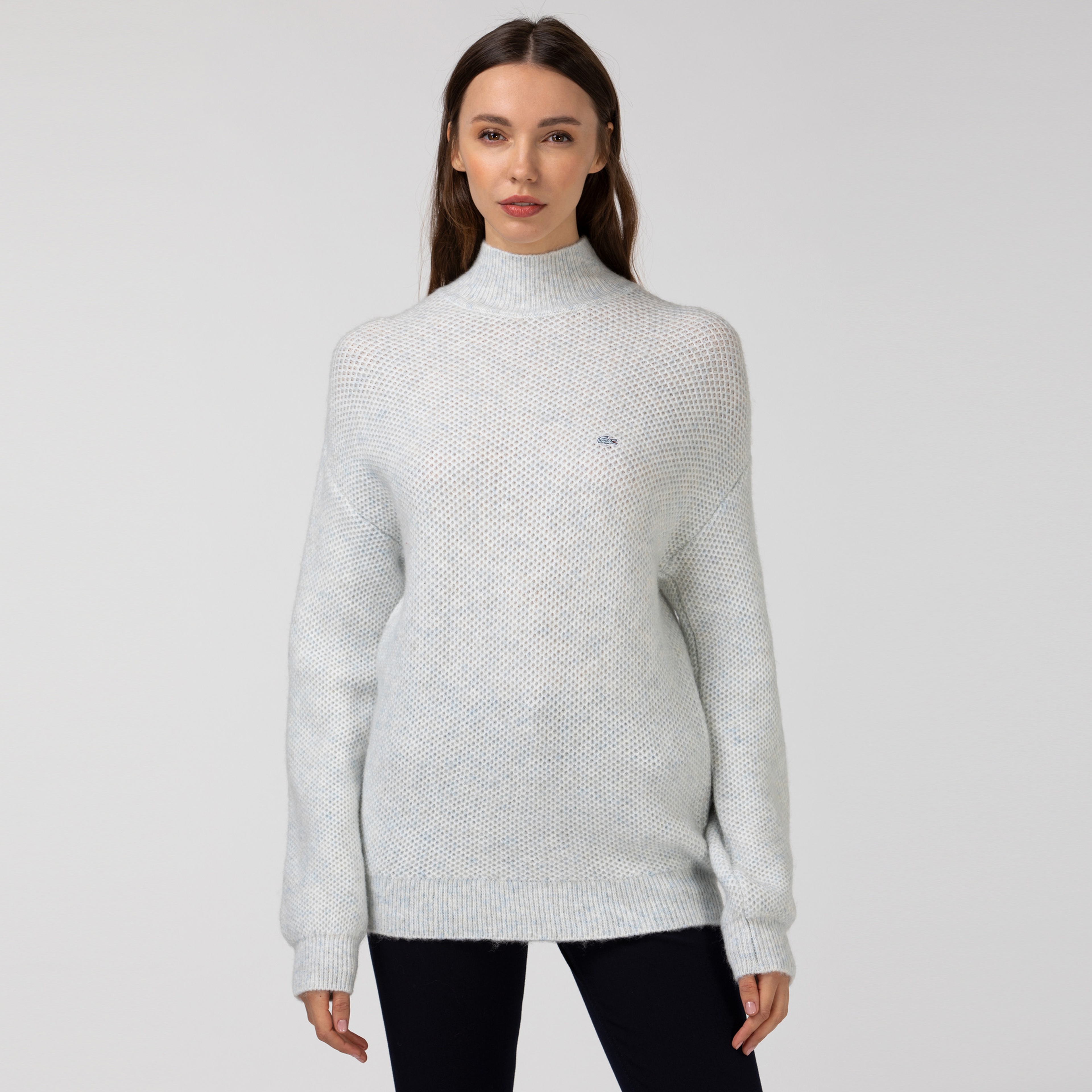 Lacoste Kadın Boğazlı Yaka Açık Gri Triko Kazak