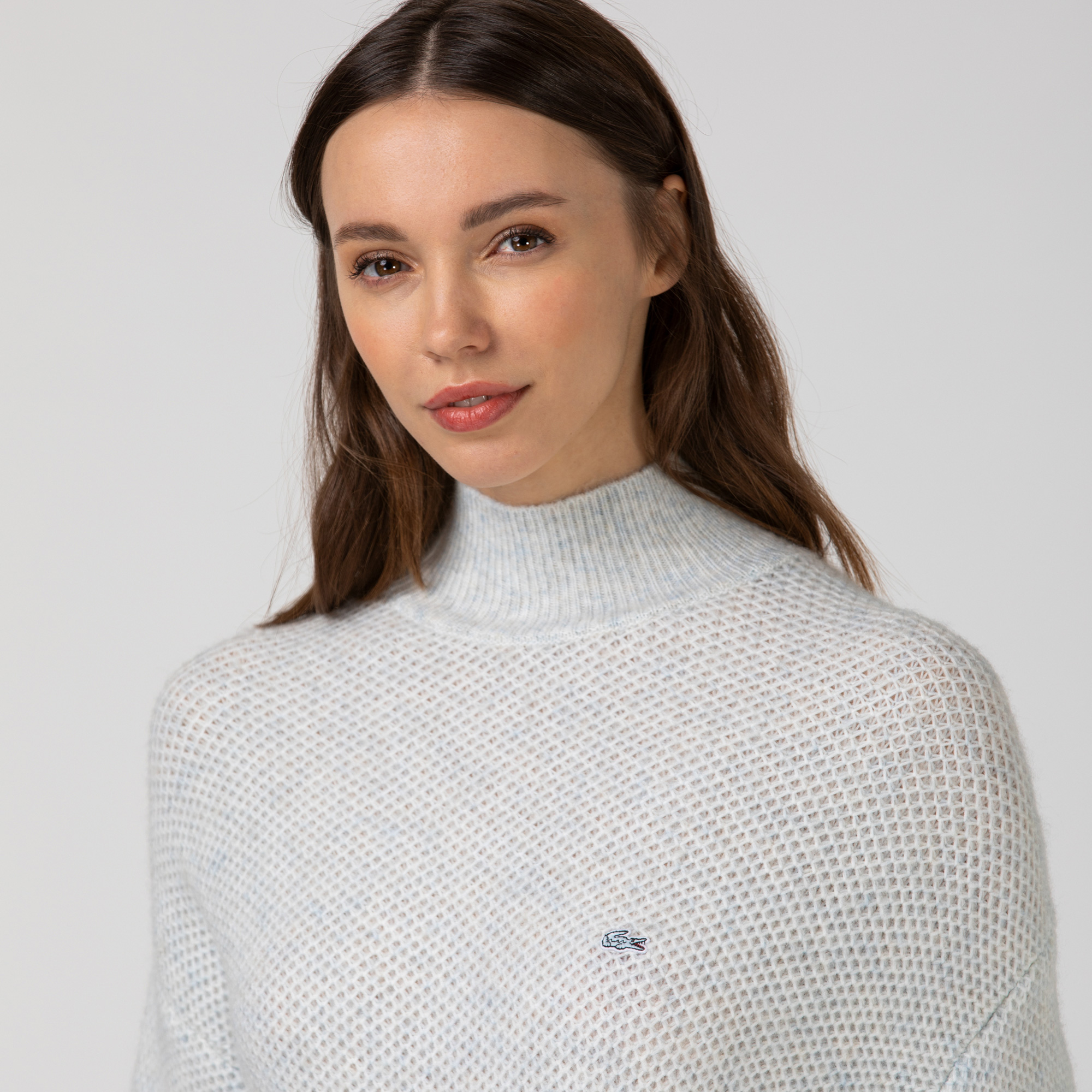 Lacoste Kadın Boğazlı Yaka Açık Gri Triko Kazak