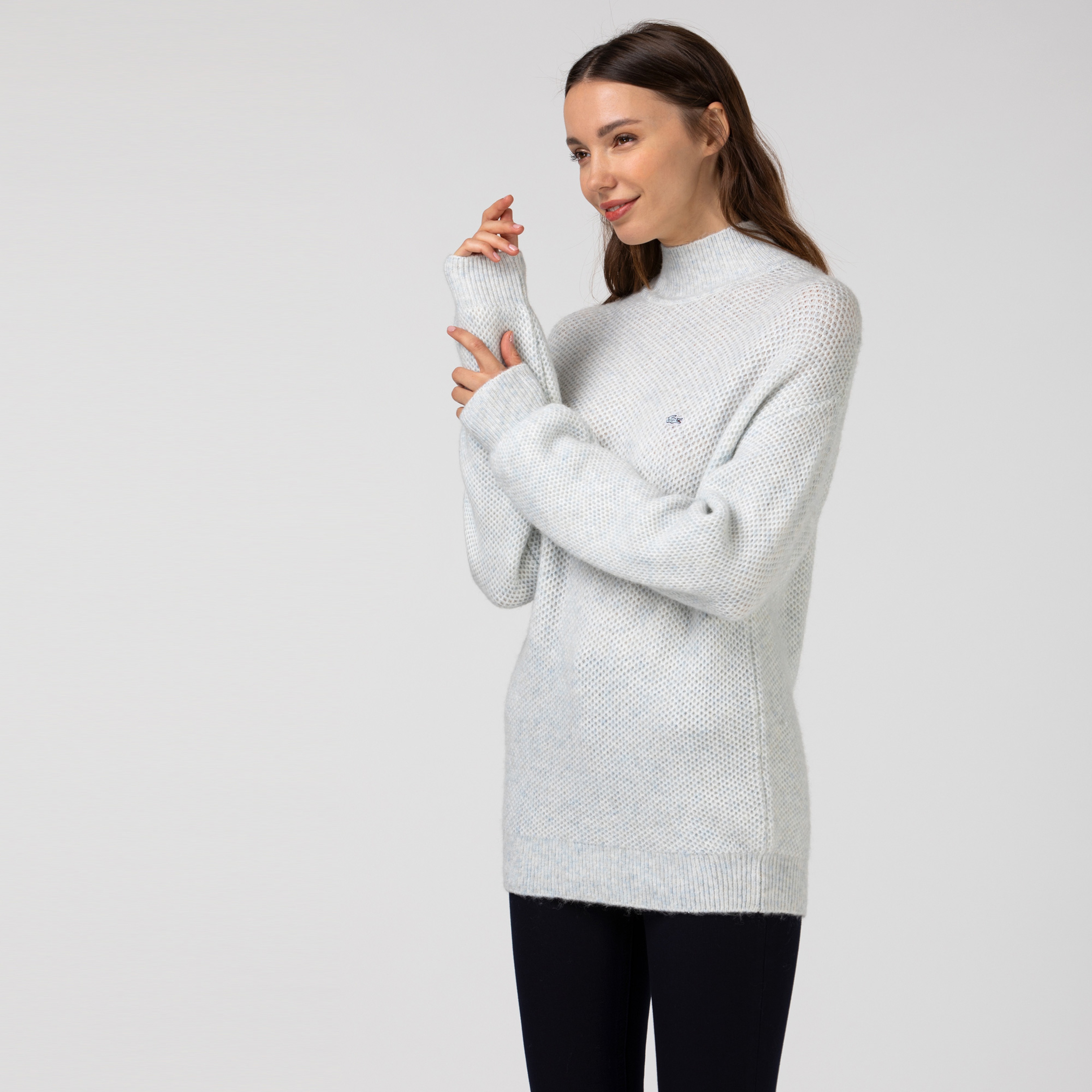 Lacoste Kadın Boğazlı Yaka Açık Gri Triko Kazak