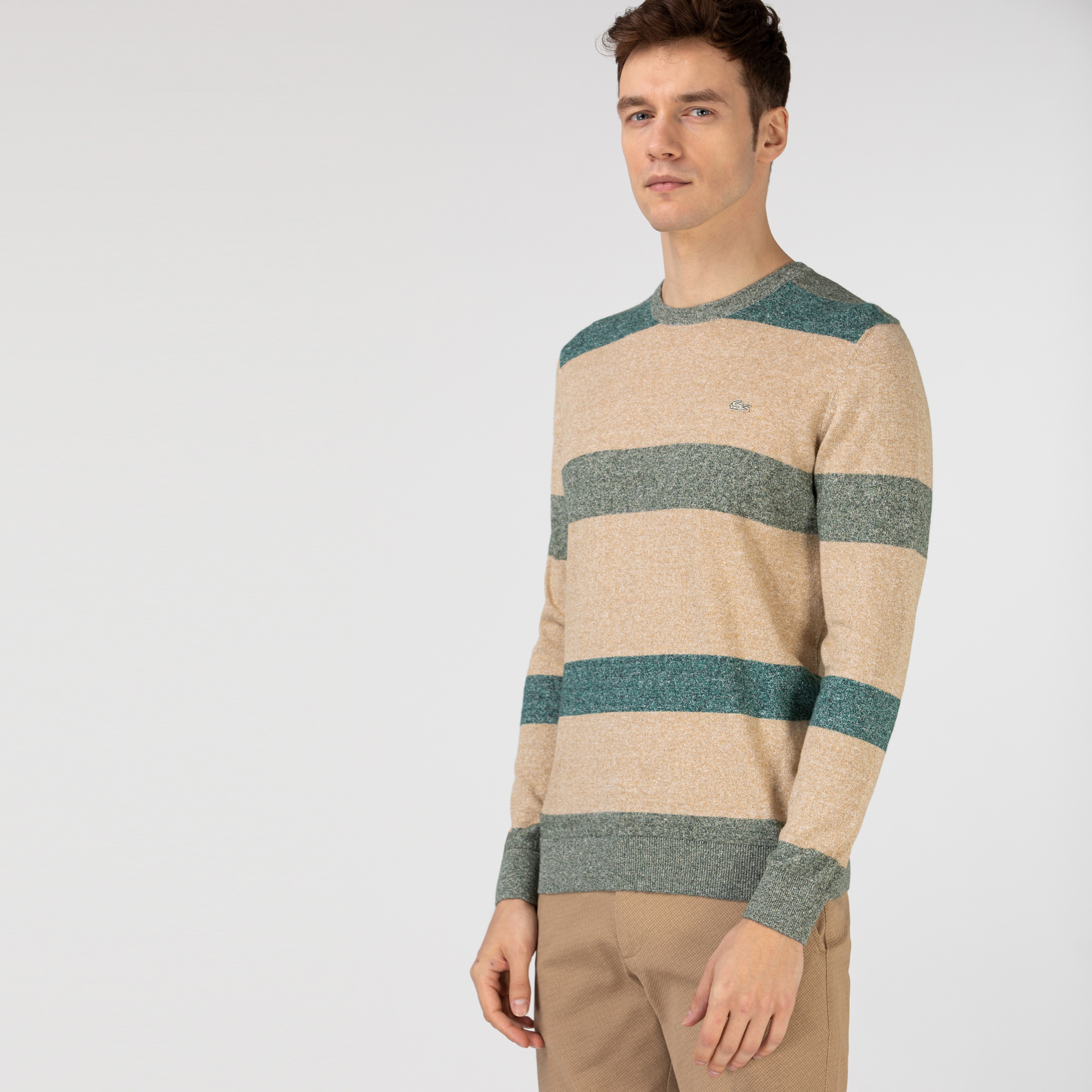 Lacoste Erkek Bisiklet Yaka Renk Bloklu Bej Triko Kazak