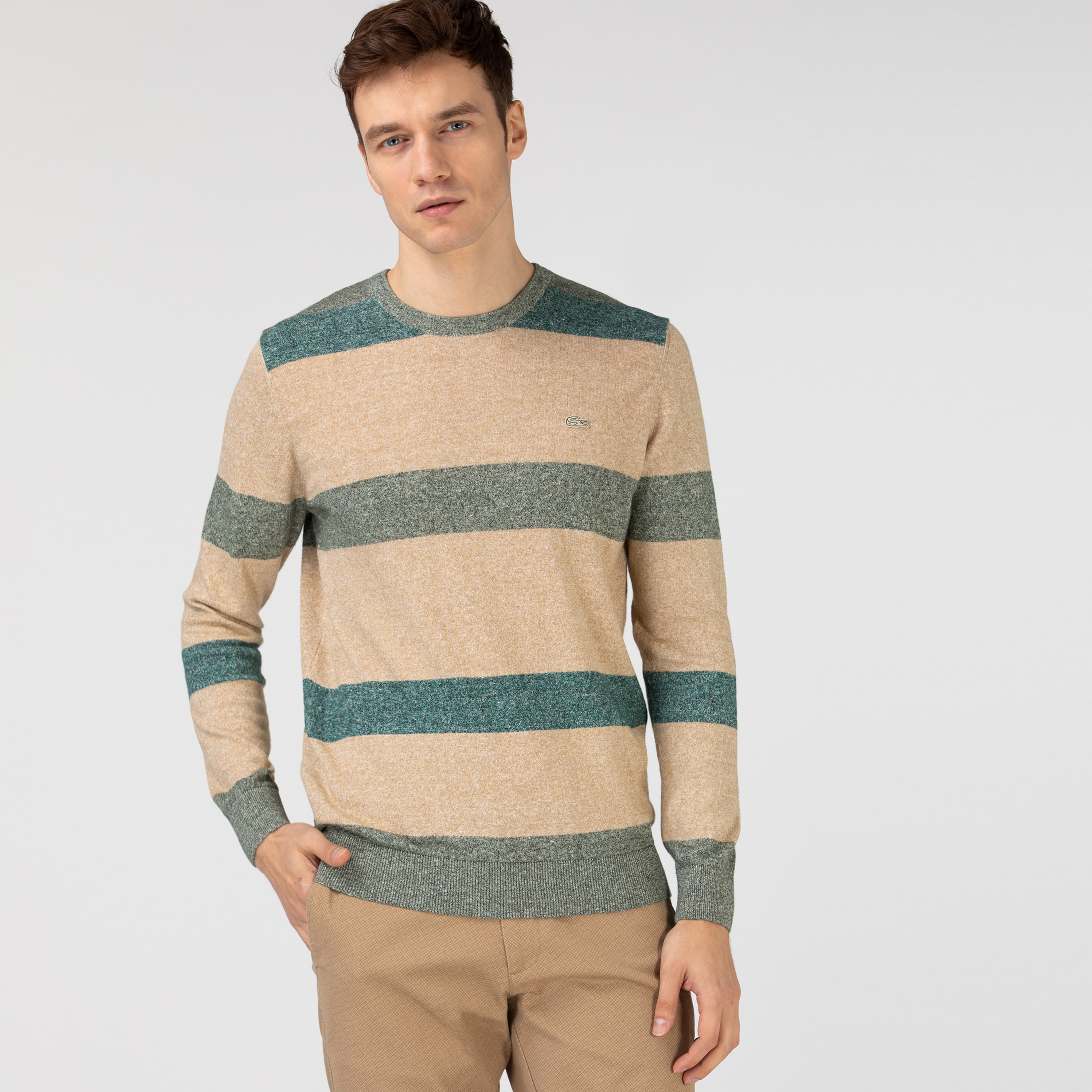 Lacoste Erkek Bisiklet Yaka Renk Bloklu Bej Triko Kazak