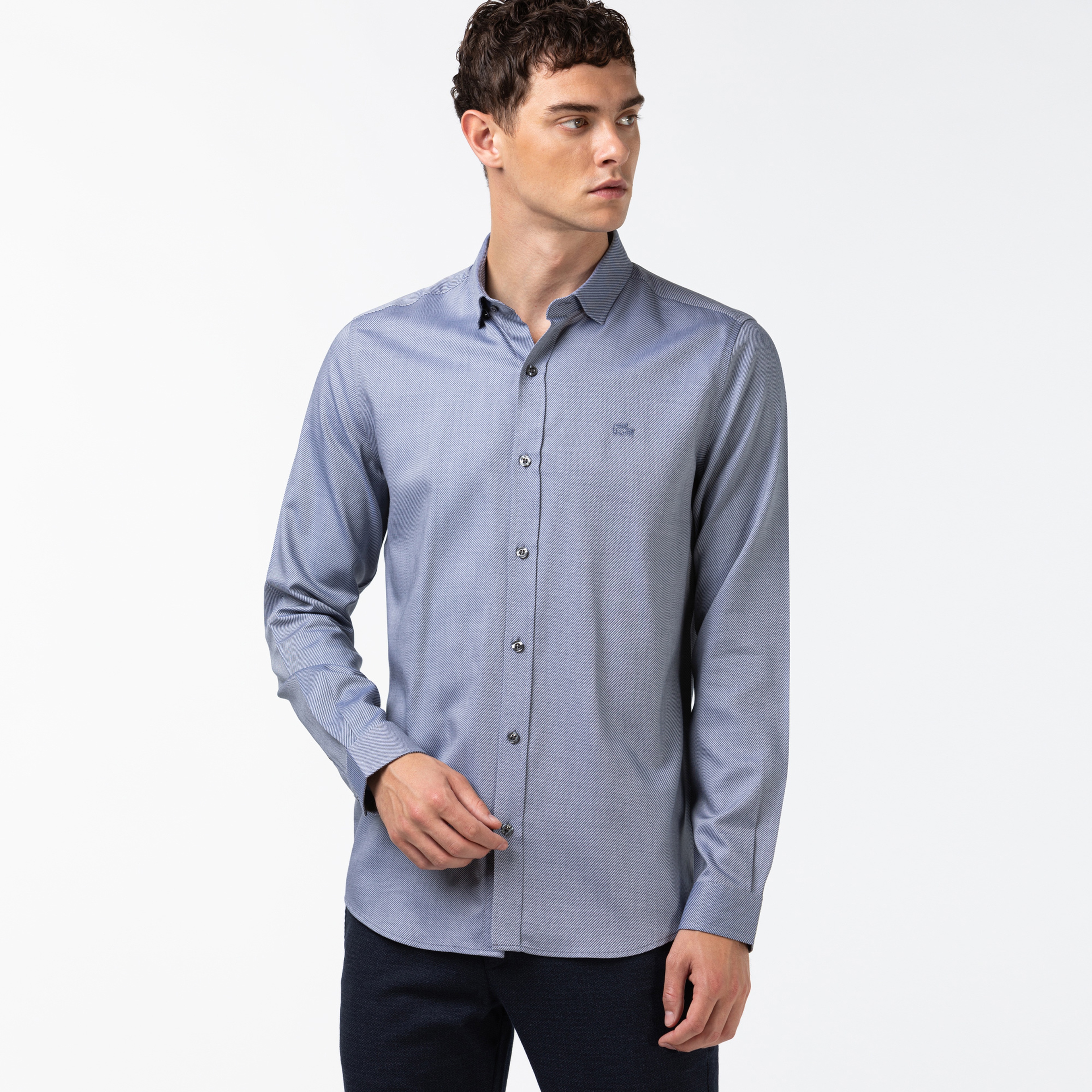 Lacoste Erkek Slim Fit Çizgili Açık Mavi Gömlek