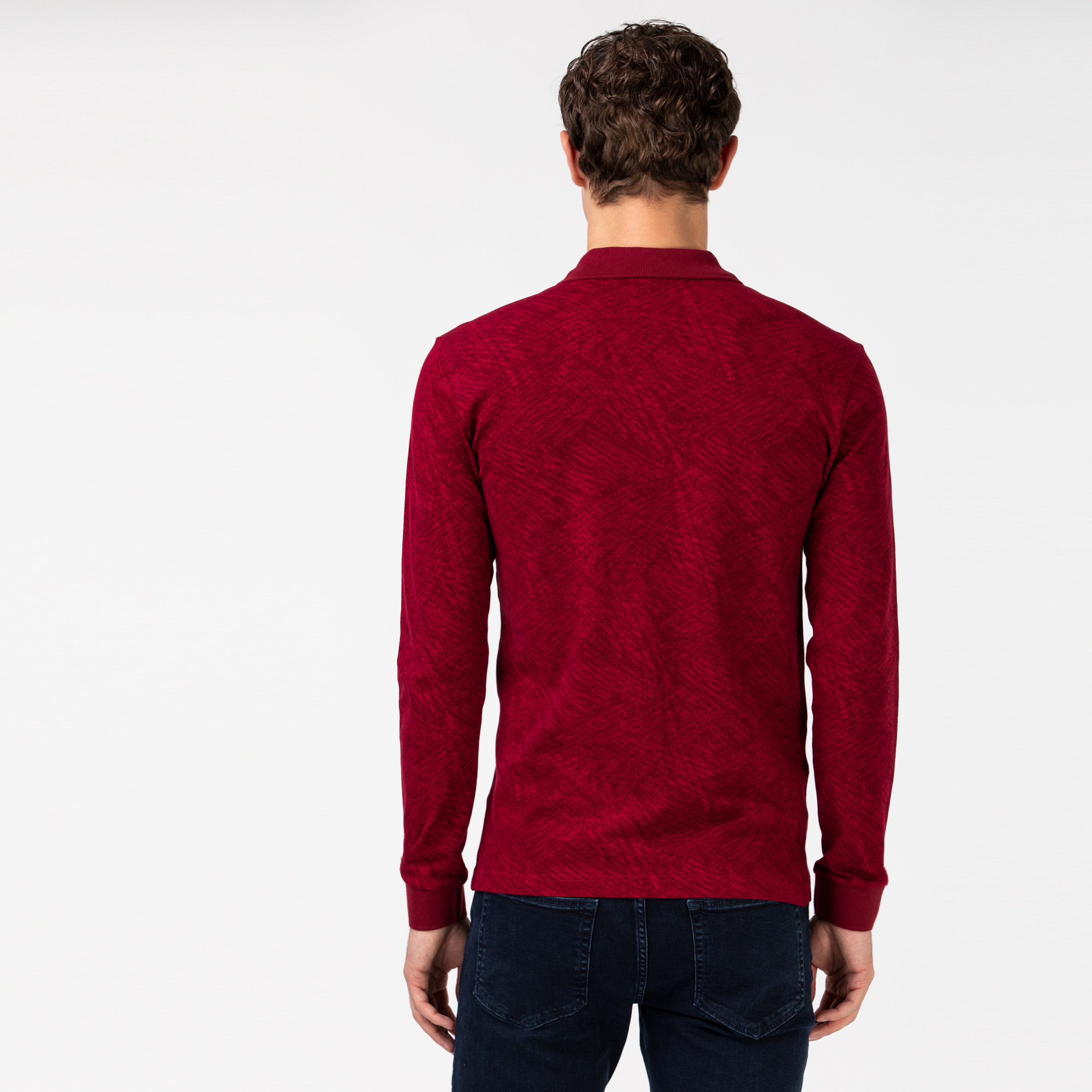 Lacoste Erkek Slim Fit Desenli Uzun Kollu Bordo Polo