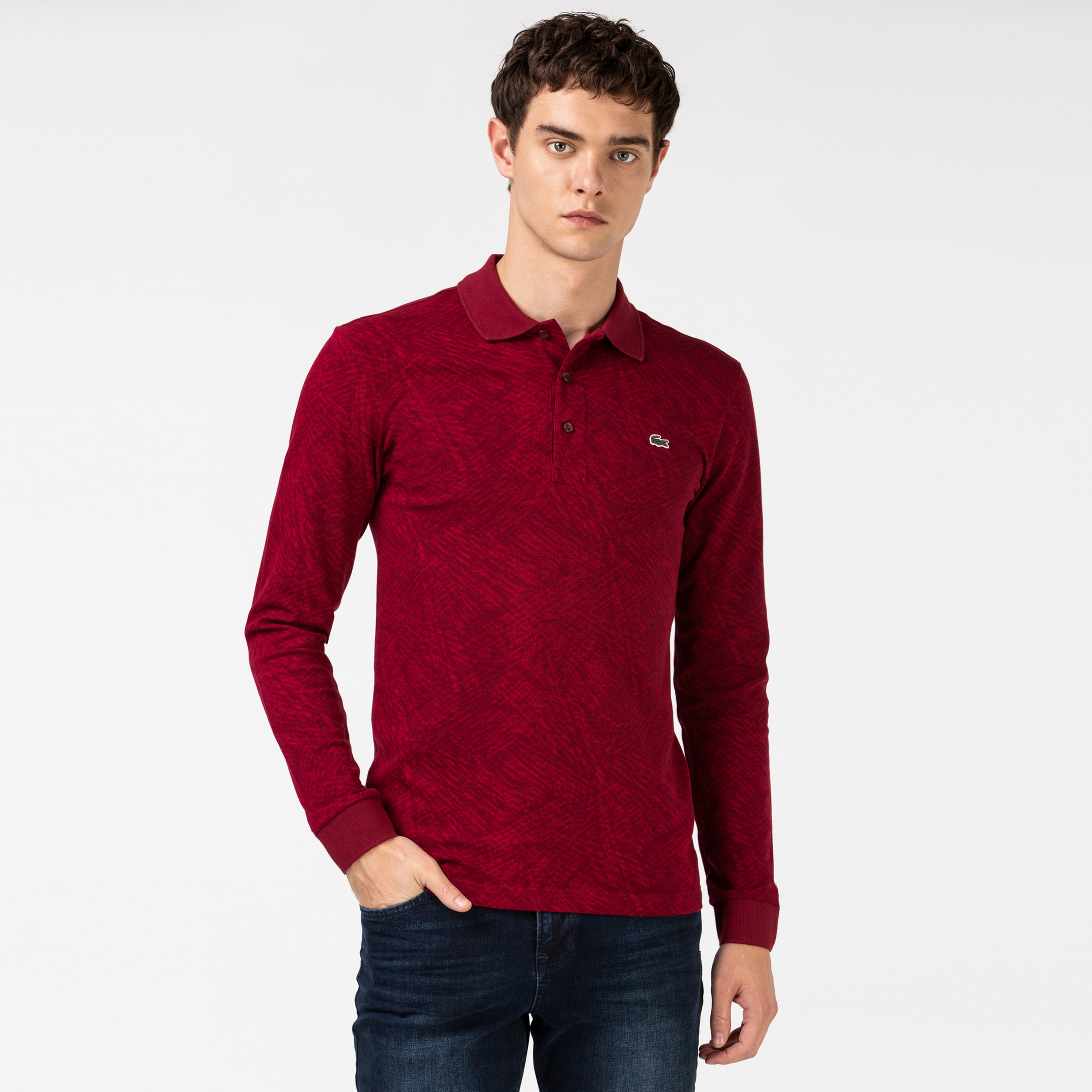 Lacoste Erkek Slim Fit Desenli Uzun Kollu Bordo Polo