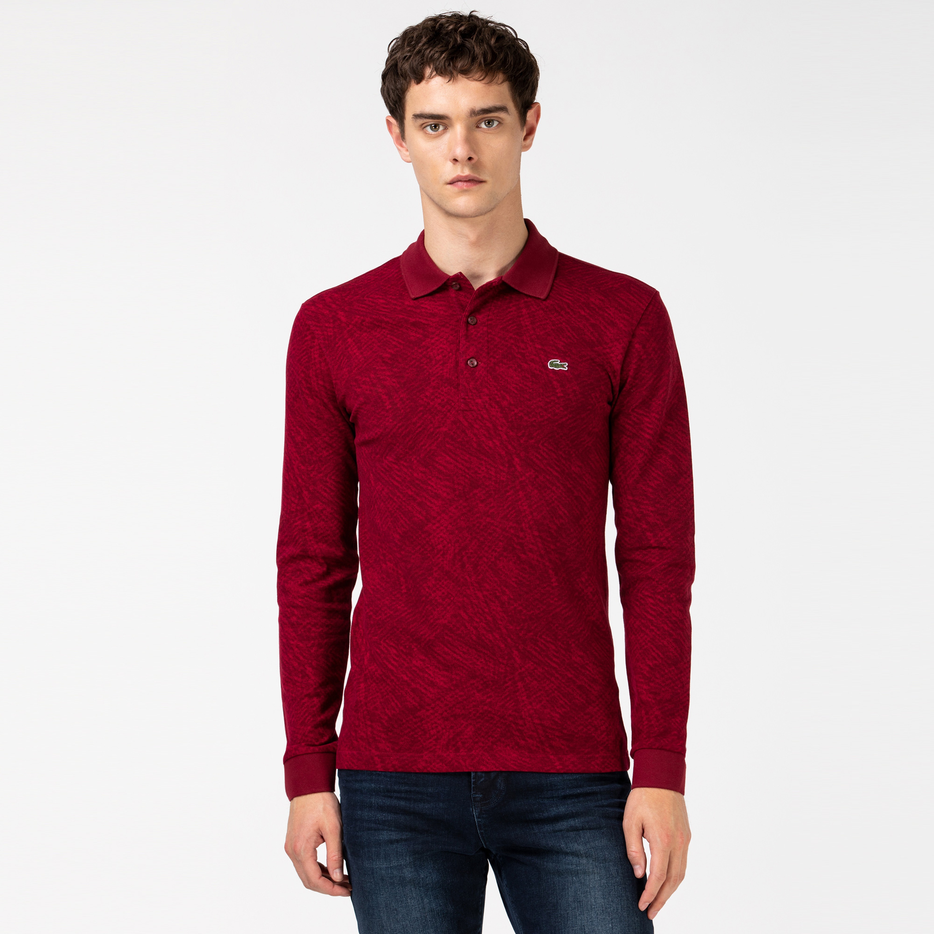 Lacoste Erkek Slim Fit Desenli Uzun Kollu Bordo Polo