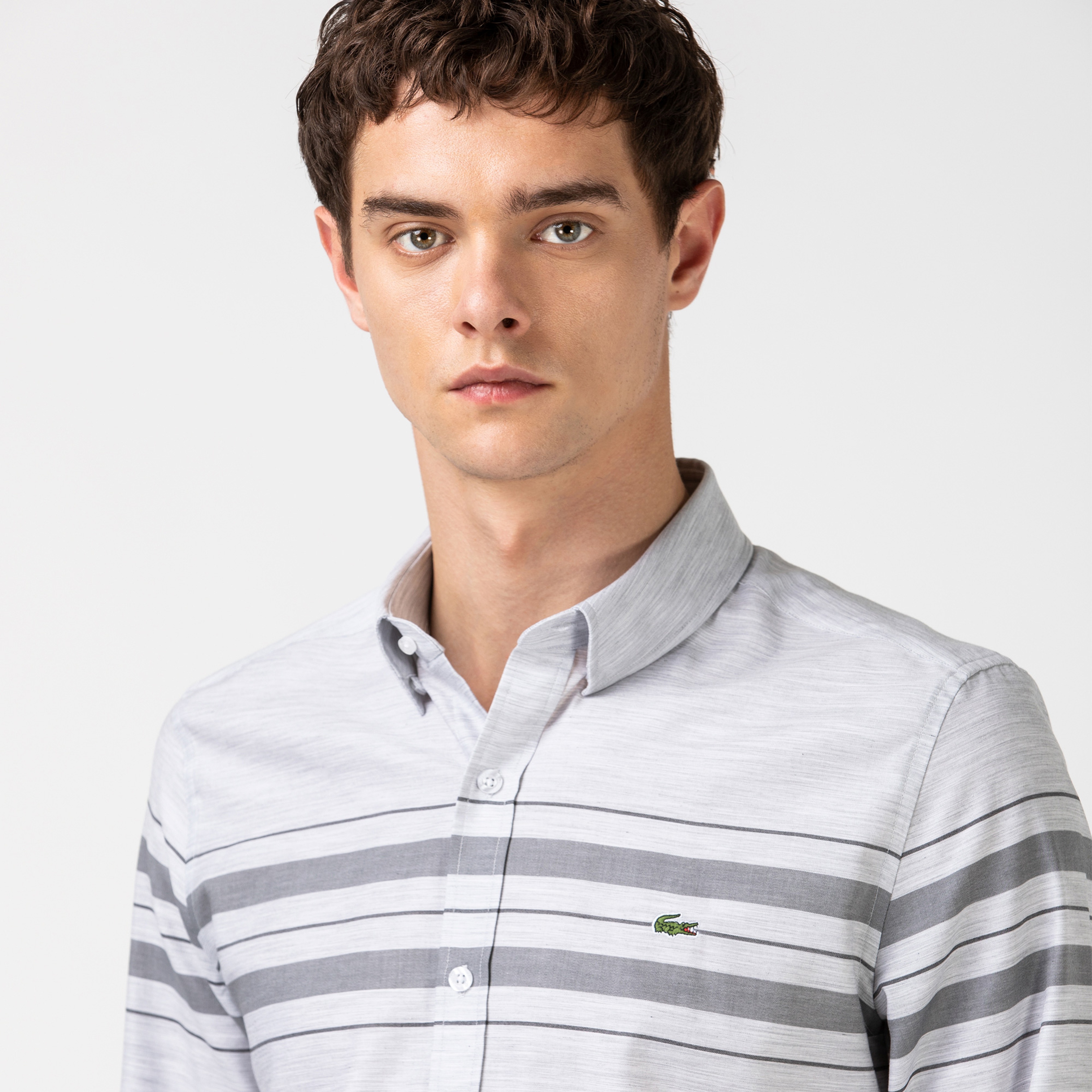 Lacoste Erkek Slim Fit Çizgili Gri Gömlek