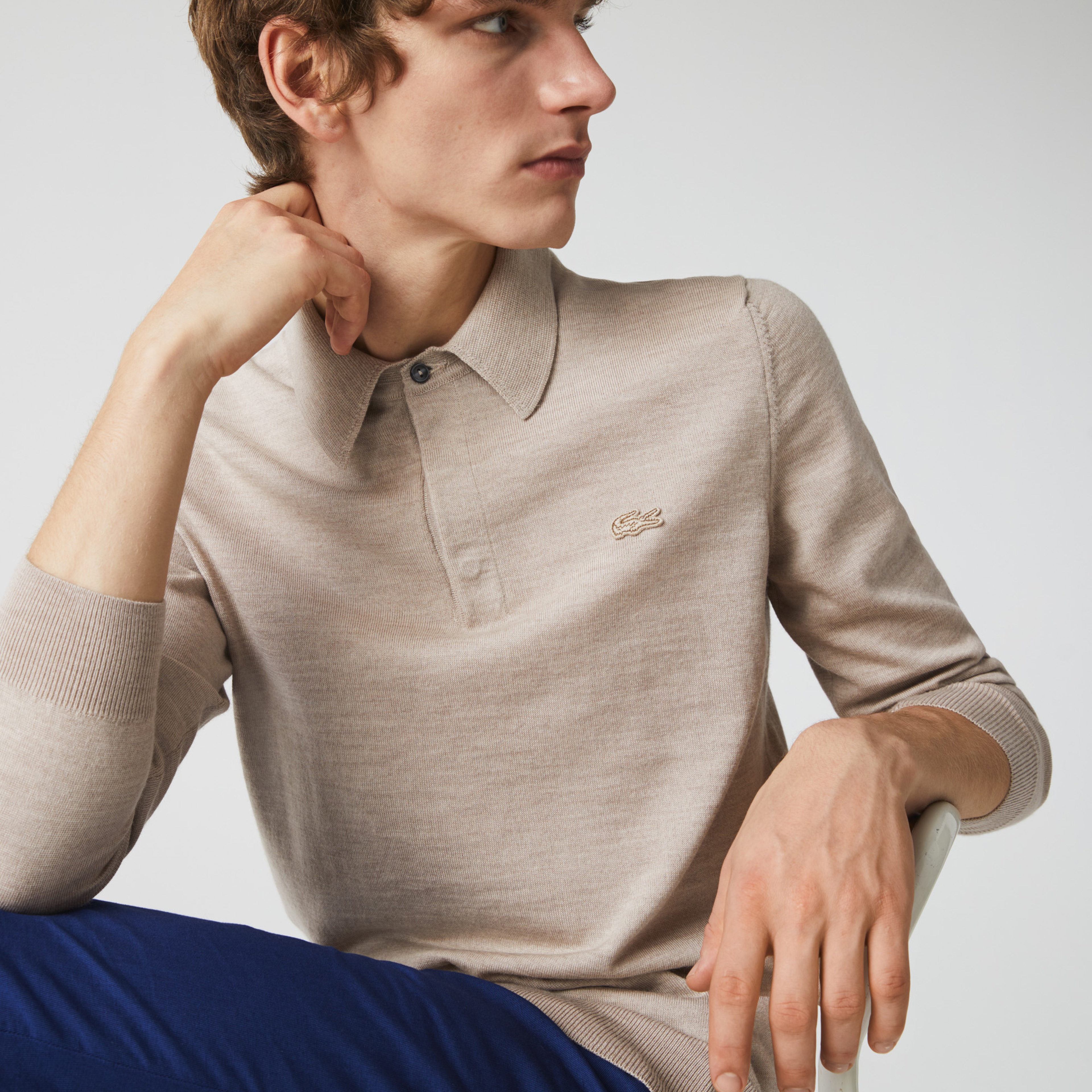 Lacoste Erkek Yün Polo Yaka Bej Triko Kazak