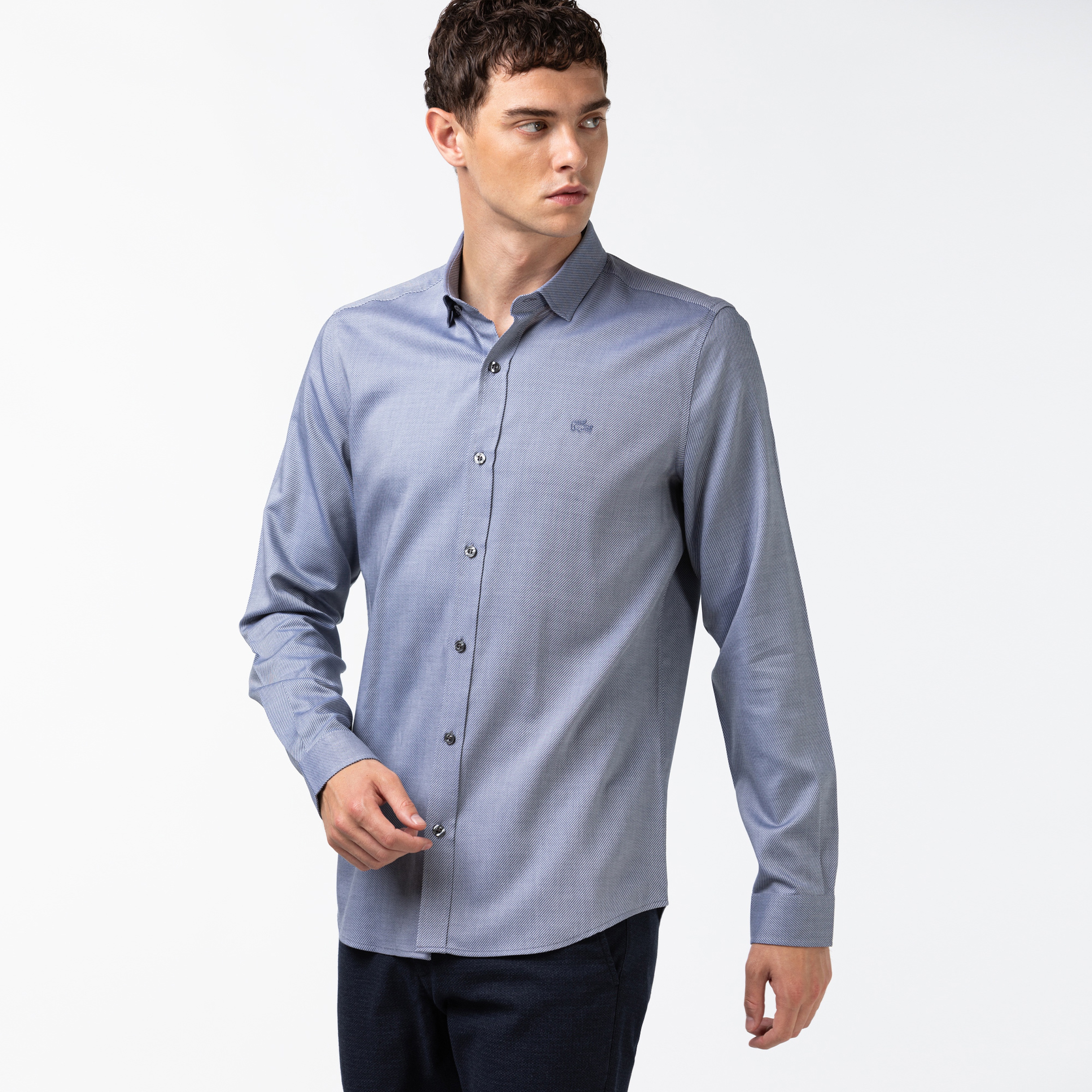 Lacoste Erkek Slim Fit Çizgili Açık Mavi Gömlek