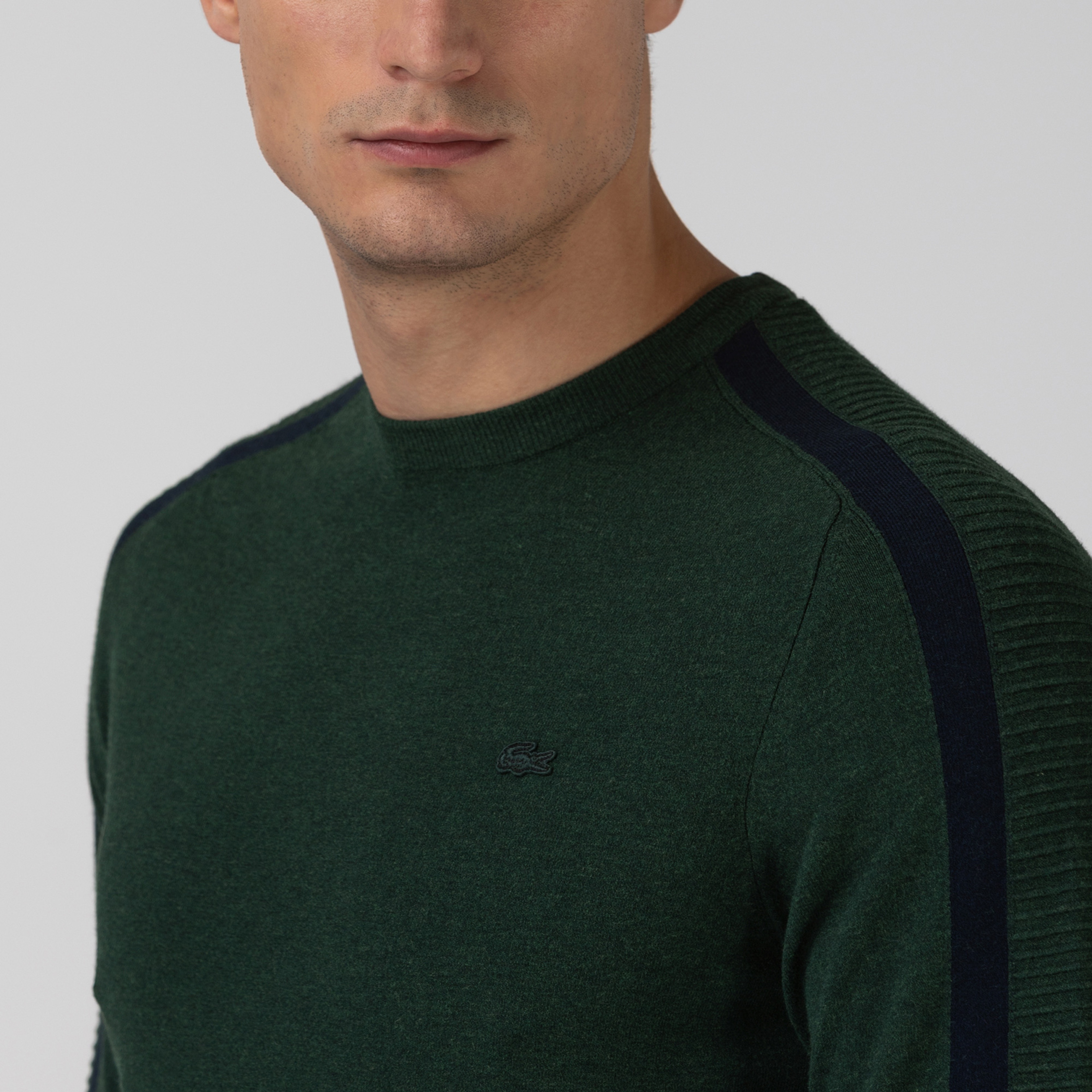 Lacoste Erkek Blok Desenli Bisiklet Yaka Haki Triko Kazak