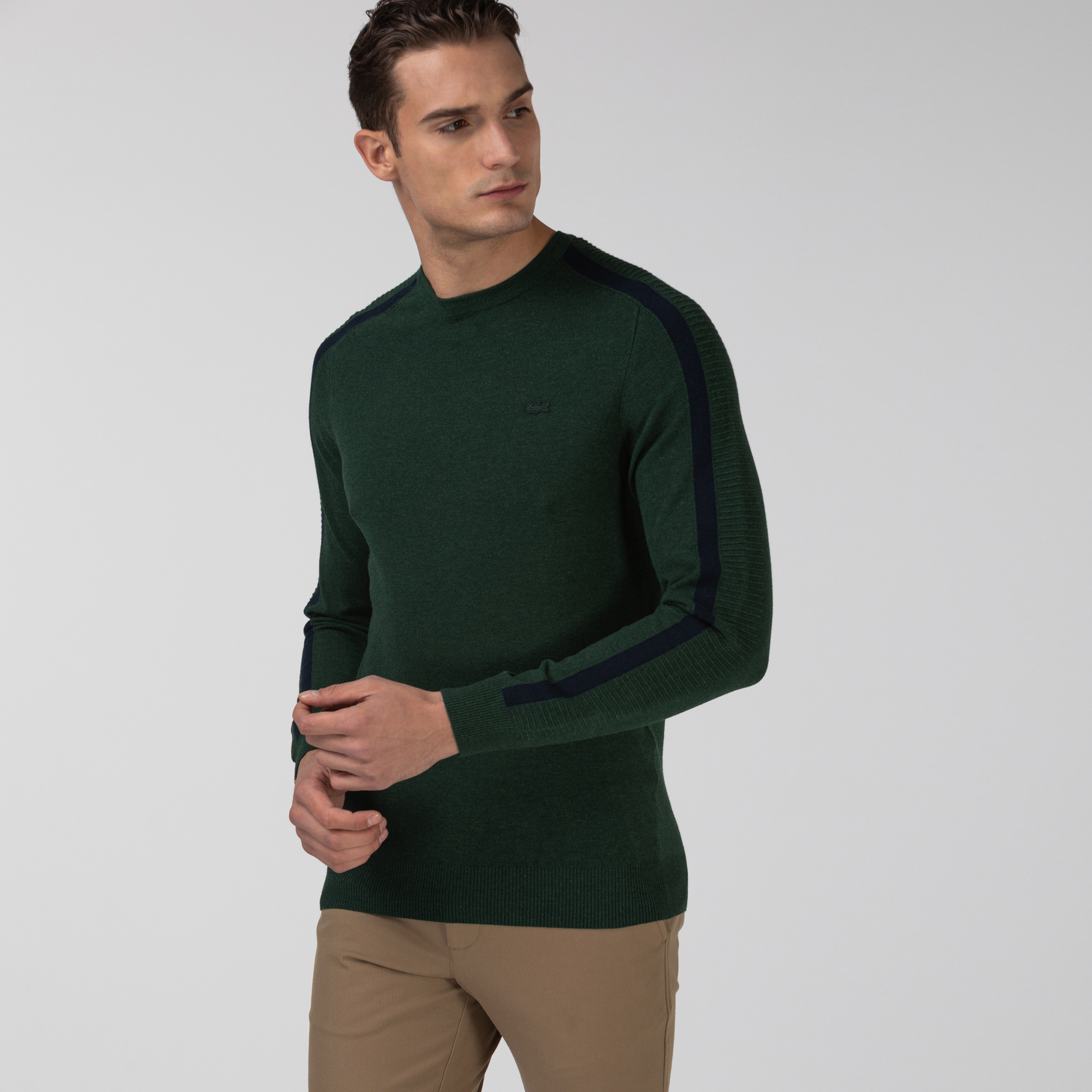 Lacoste Erkek Blok Desenli Bisiklet Yaka Haki Triko Kazak