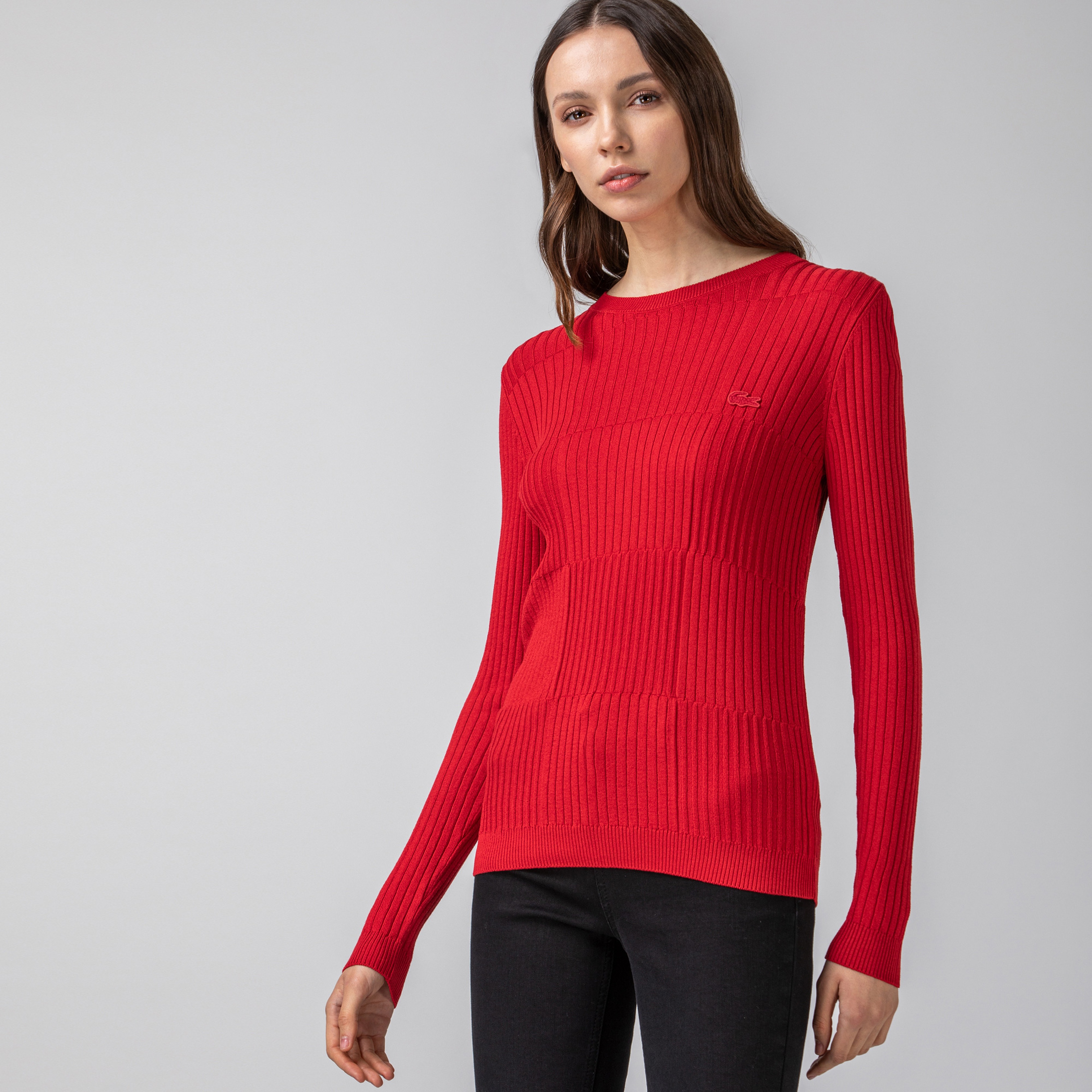 Lacoste Kadın Bisiklet Yaka Desenli Kırmızı Triko Kazak