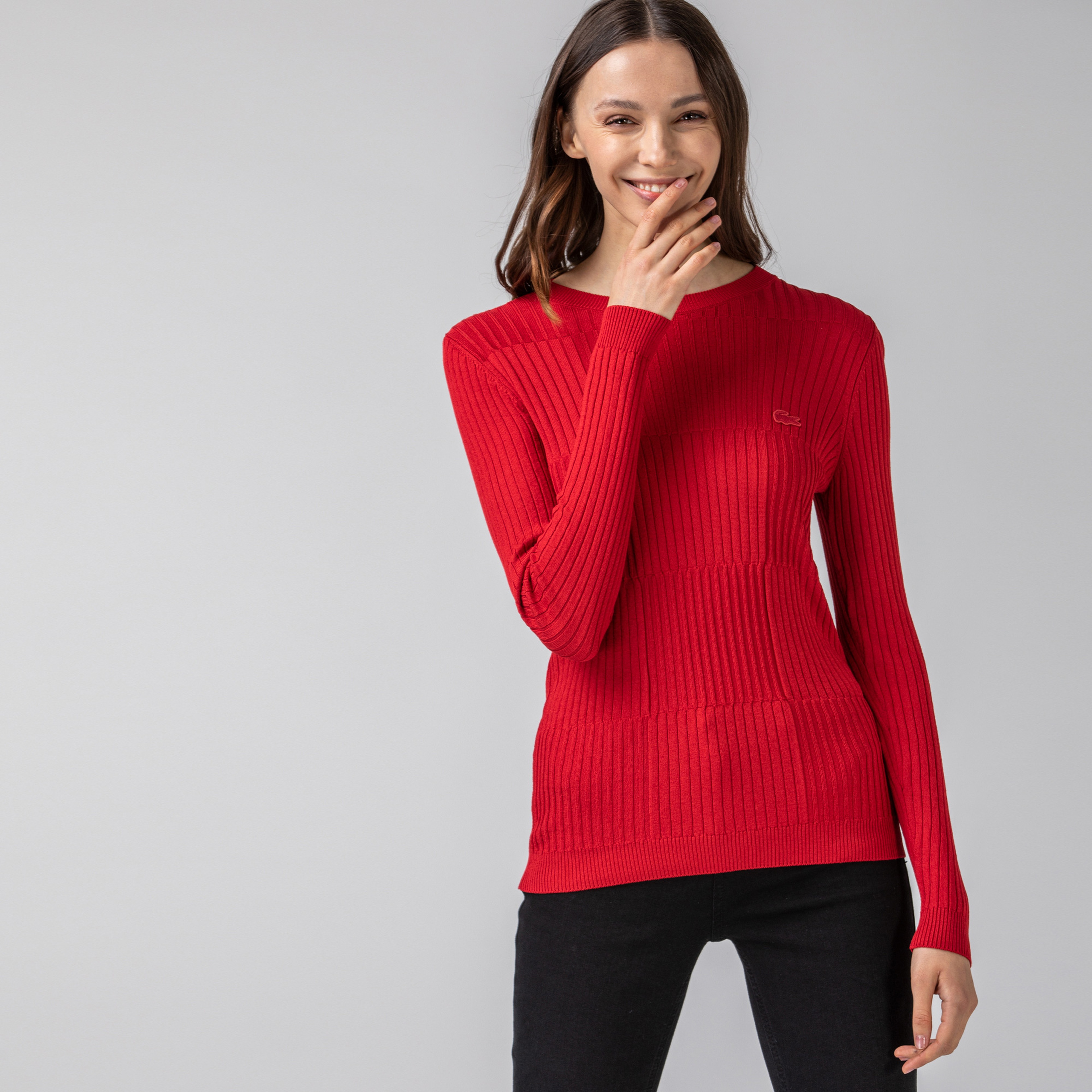 Lacoste Kadın Bisiklet Yaka Desenli Kırmızı Triko Kazak