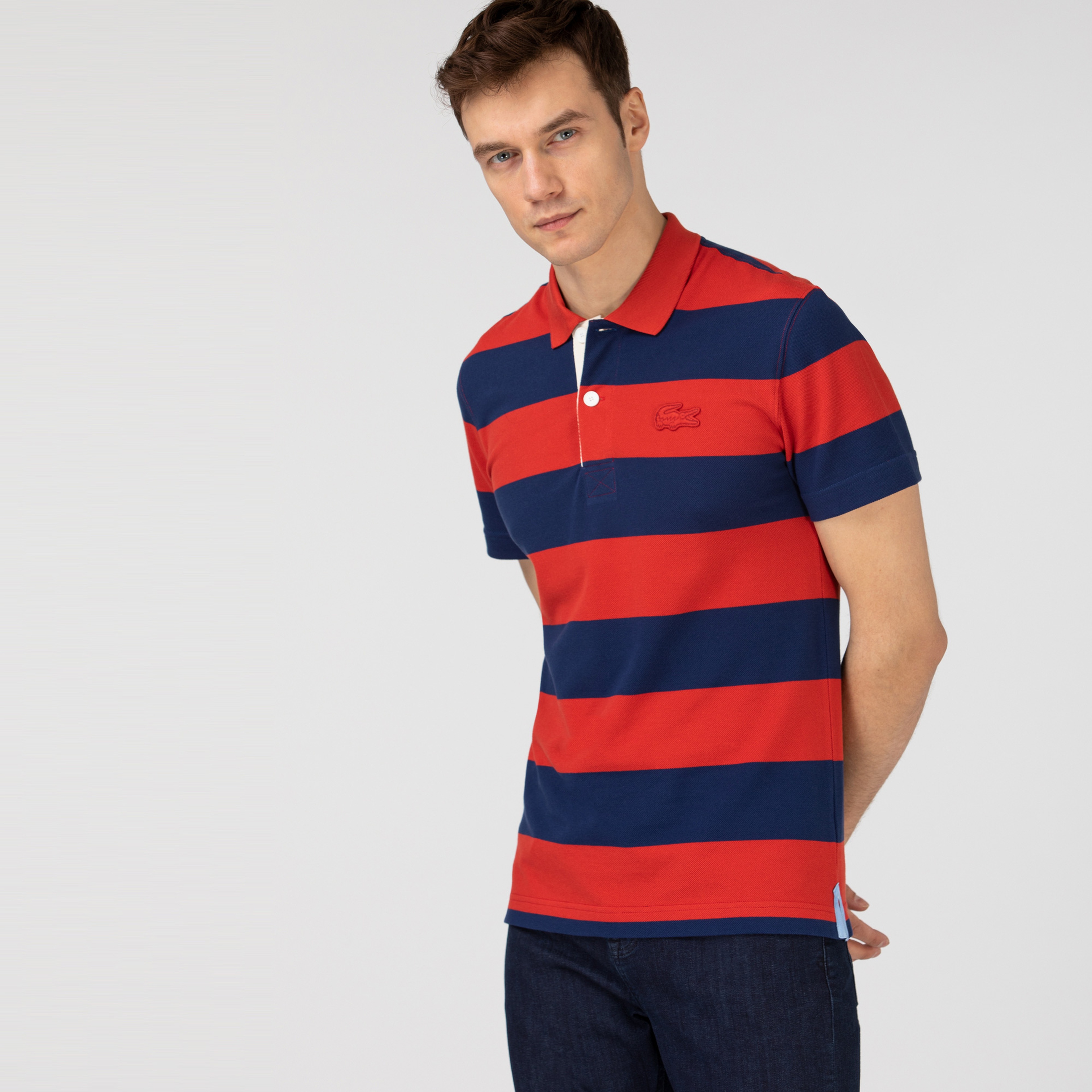 Lacoste Erkek Regular Fit Çizgili Lacivert - Kırmızı Polo