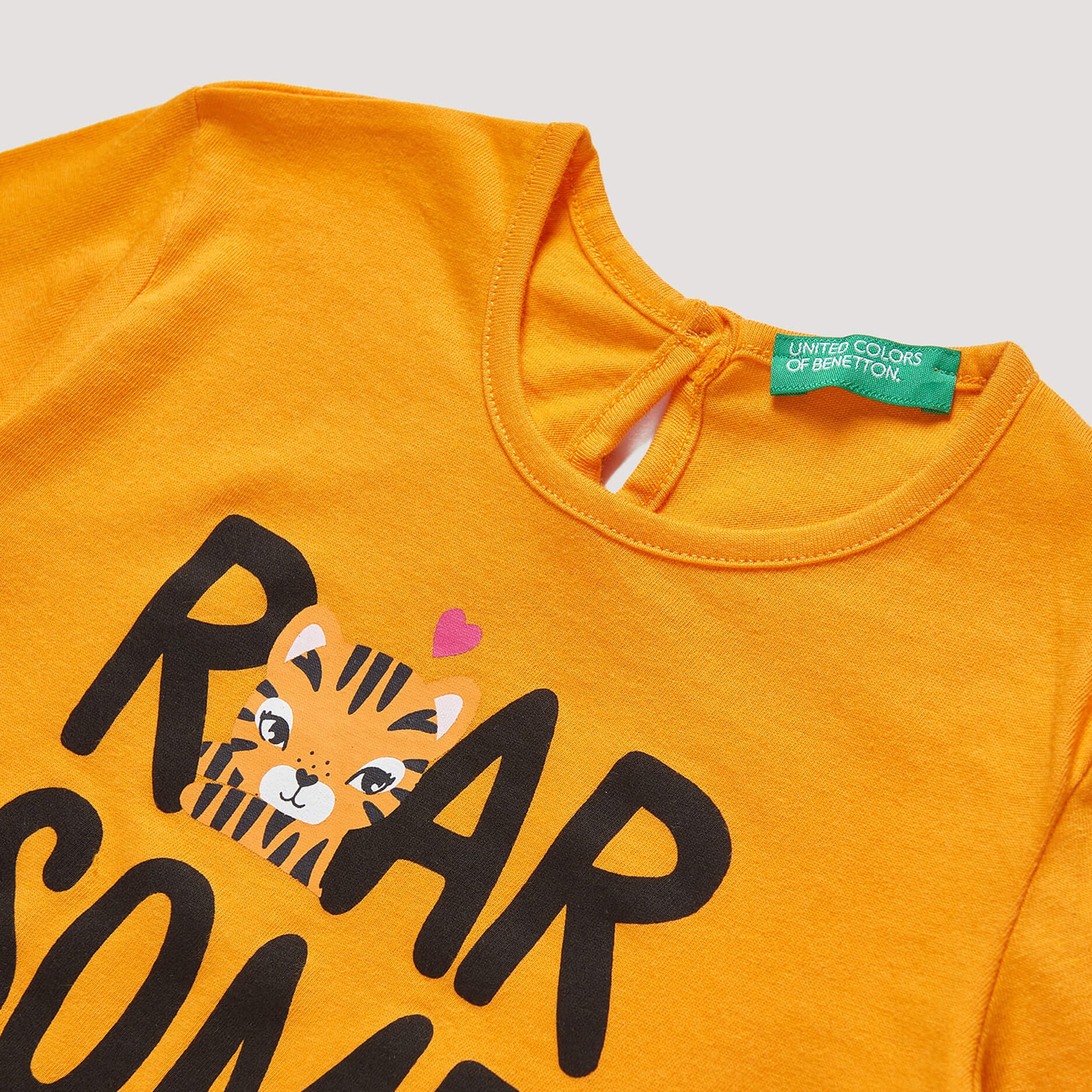 Benetton Slogan Yazı Baskılı Kız Çocuk Turuncu T-Shirt