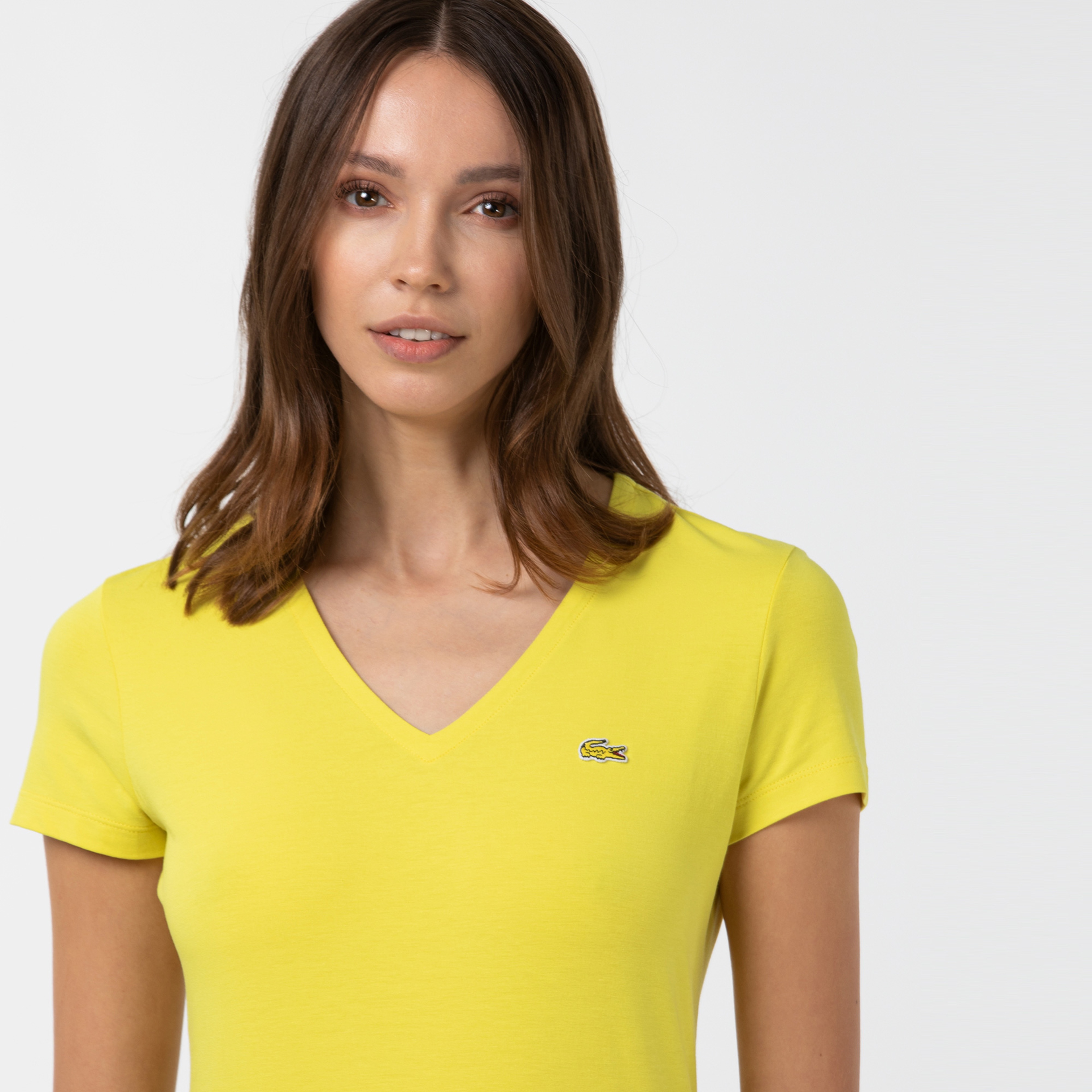 Lacoste Kadın V Yaka Sarı T-Shirt