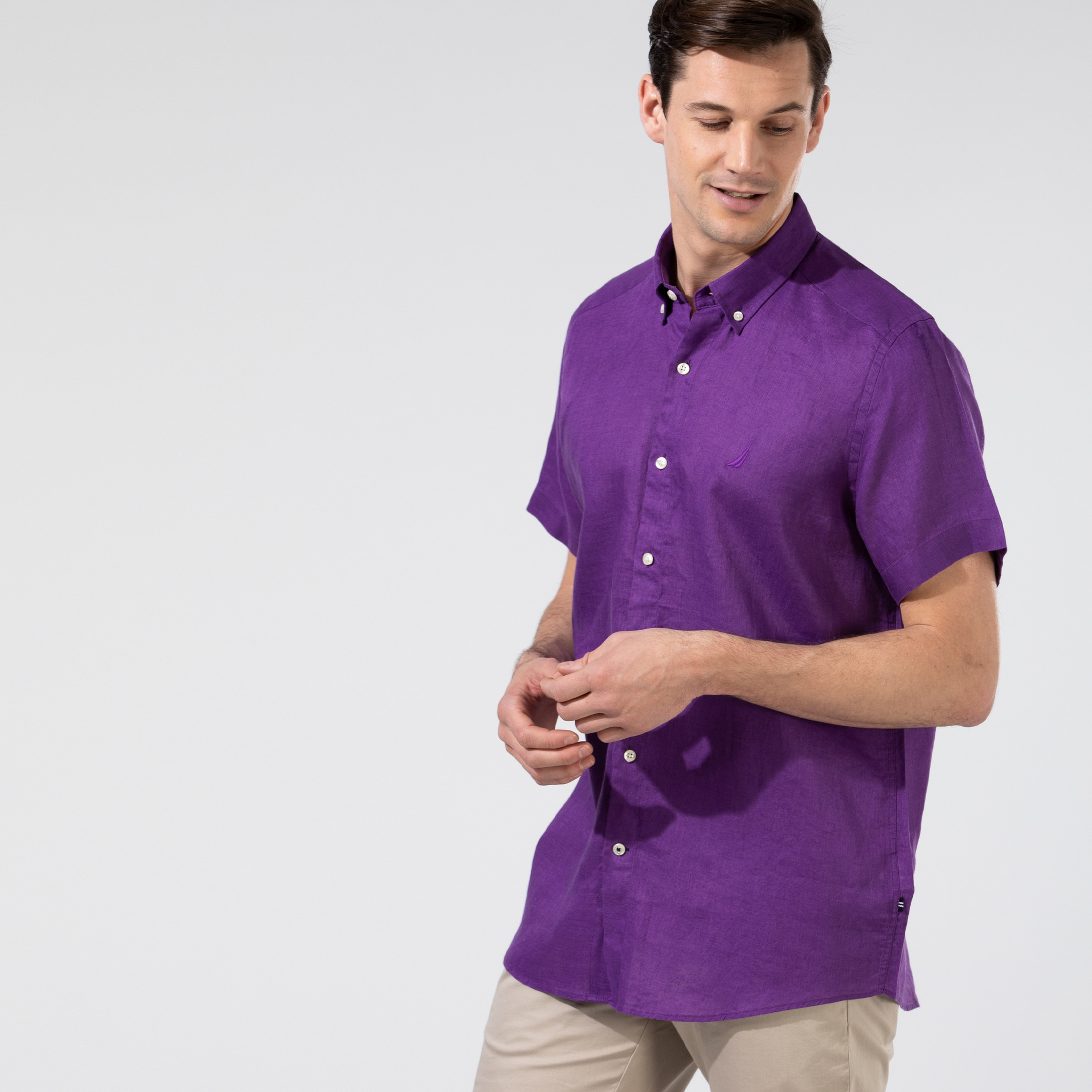 NAUTICA Erkek Classic Fit Mor Kısa Kollu Keten Gömlek