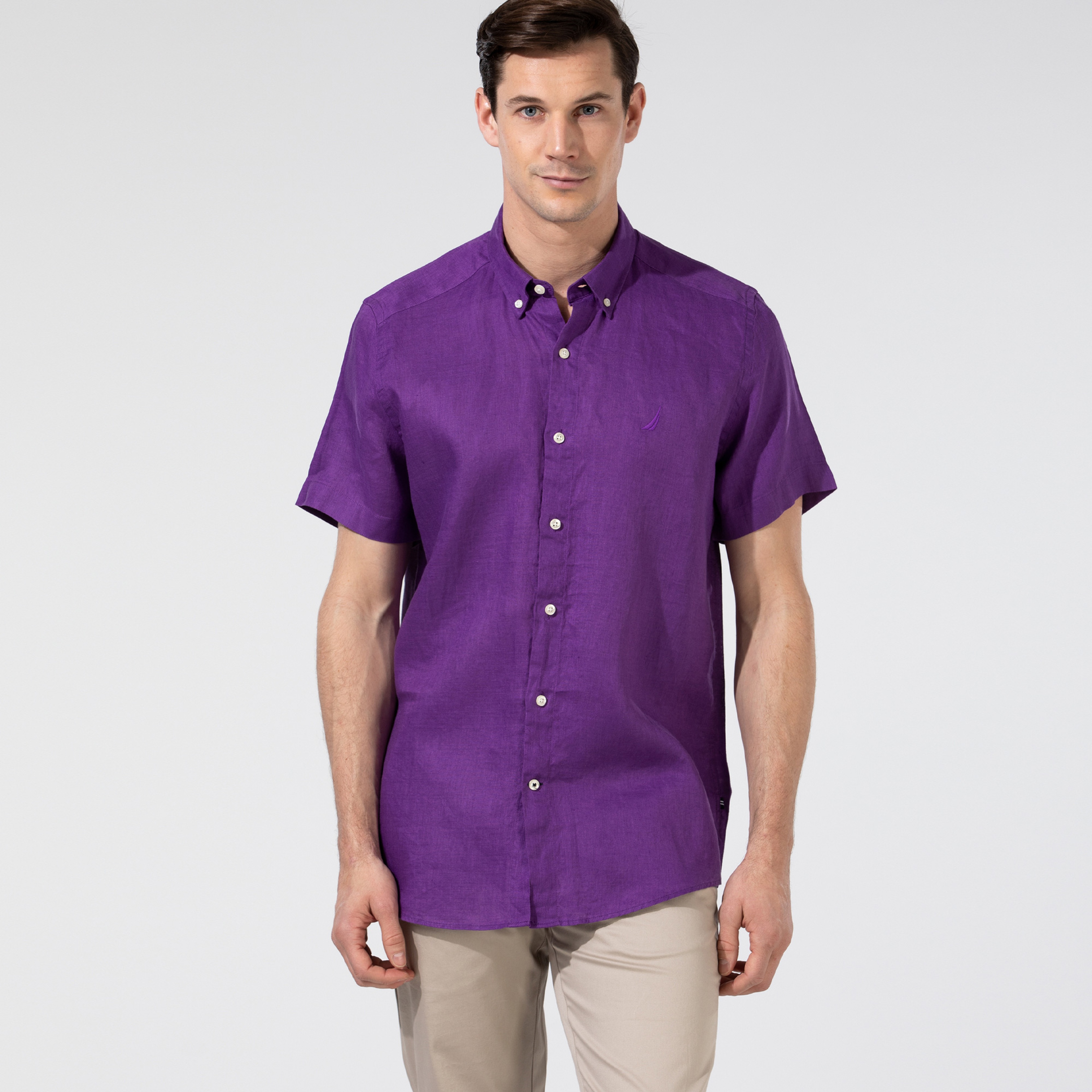 NAUTICA Erkek Classic Fit Mor Kısa Kollu Keten Gömlek