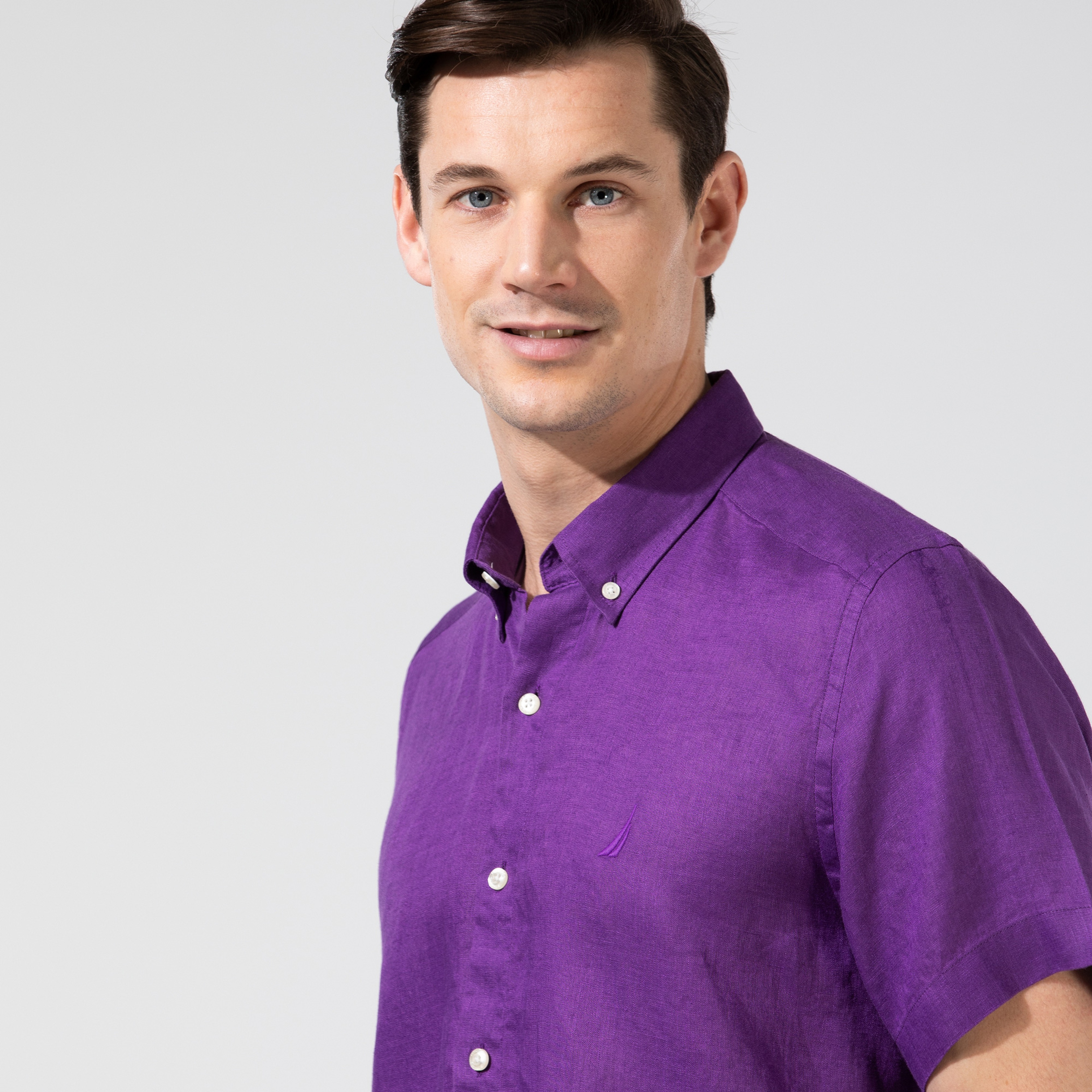 NAUTICA Erkek Classic Fit Mor Kısa Kollu Keten Gömlek