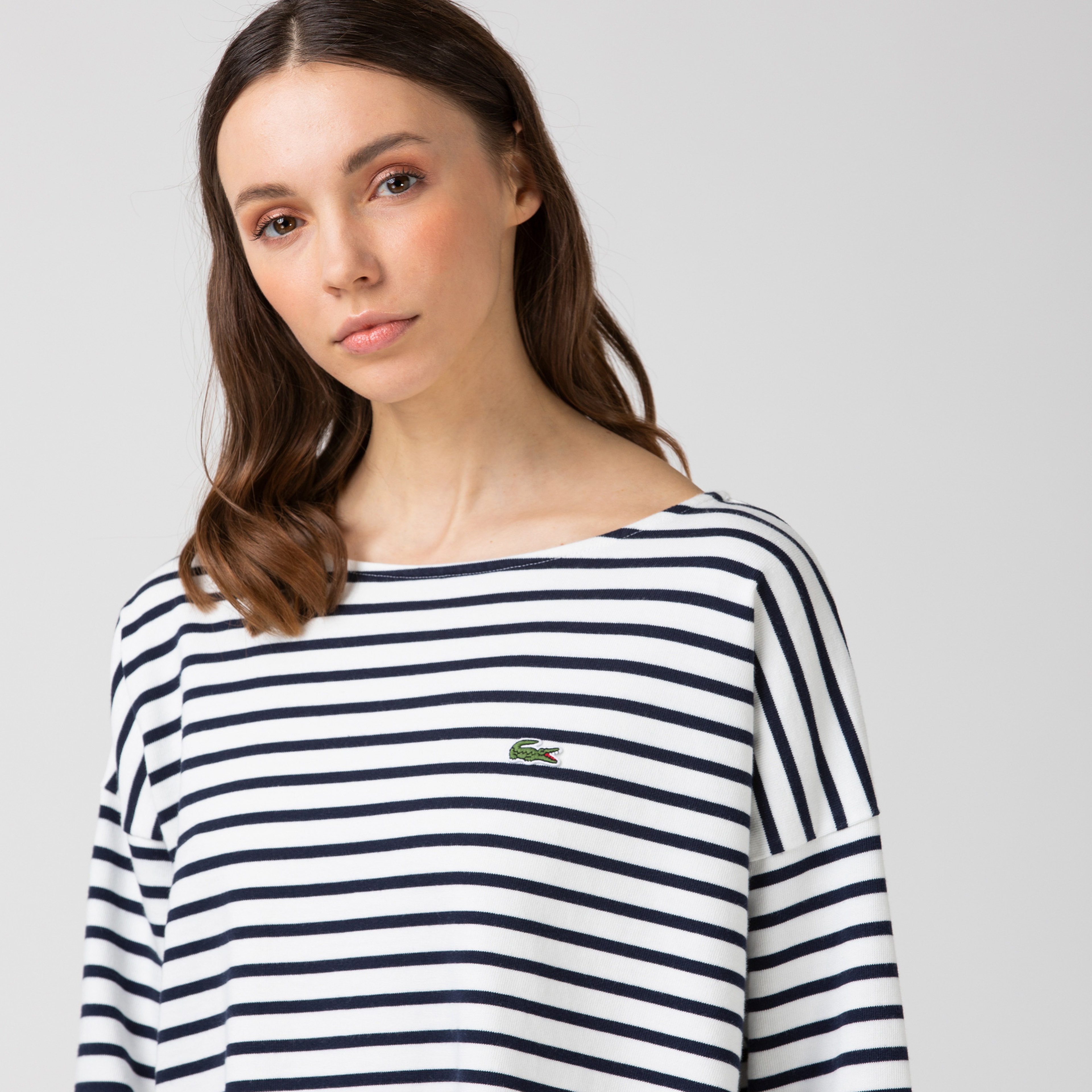 Lacoste Kadın Kayık Yaka Çizgili Uzun Kollu Lacivert - Beyaz T-Shirt