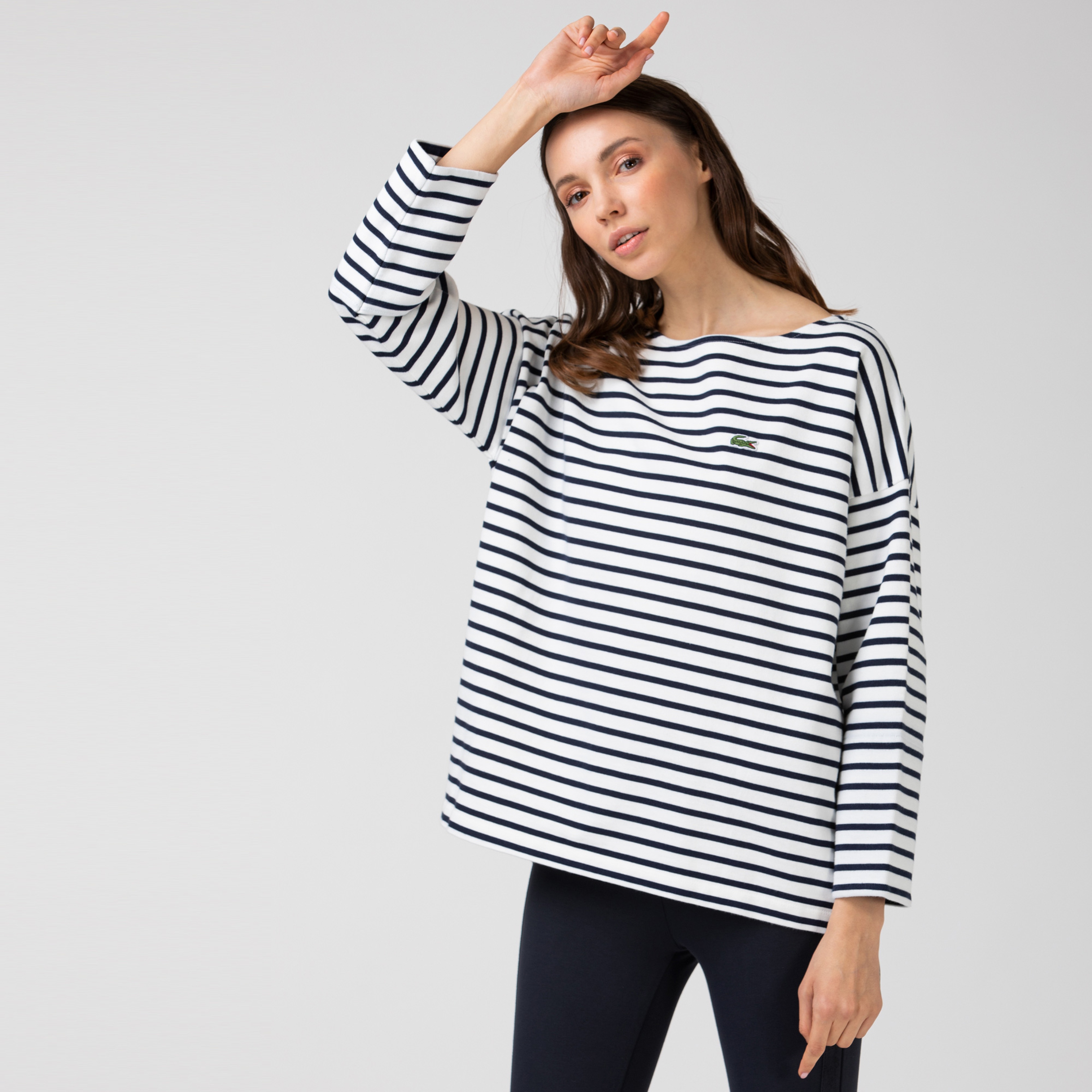 Lacoste Kadın Kayık Yaka Çizgili Uzun Kollu Lacivert - Beyaz T-Shirt