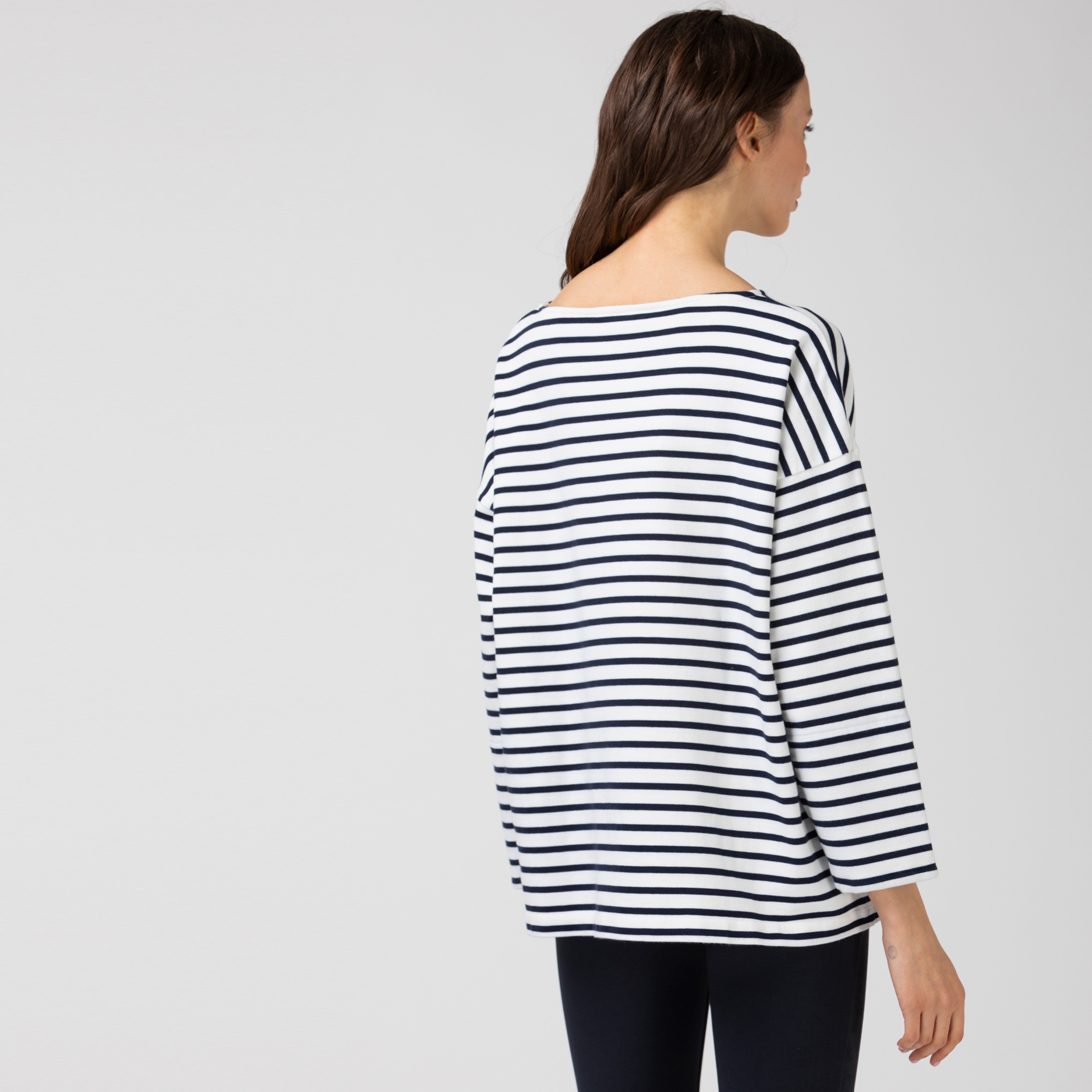 Lacoste Kadın Kayık Yaka Çizgili Uzun Kollu Lacivert - Beyaz T-Shirt