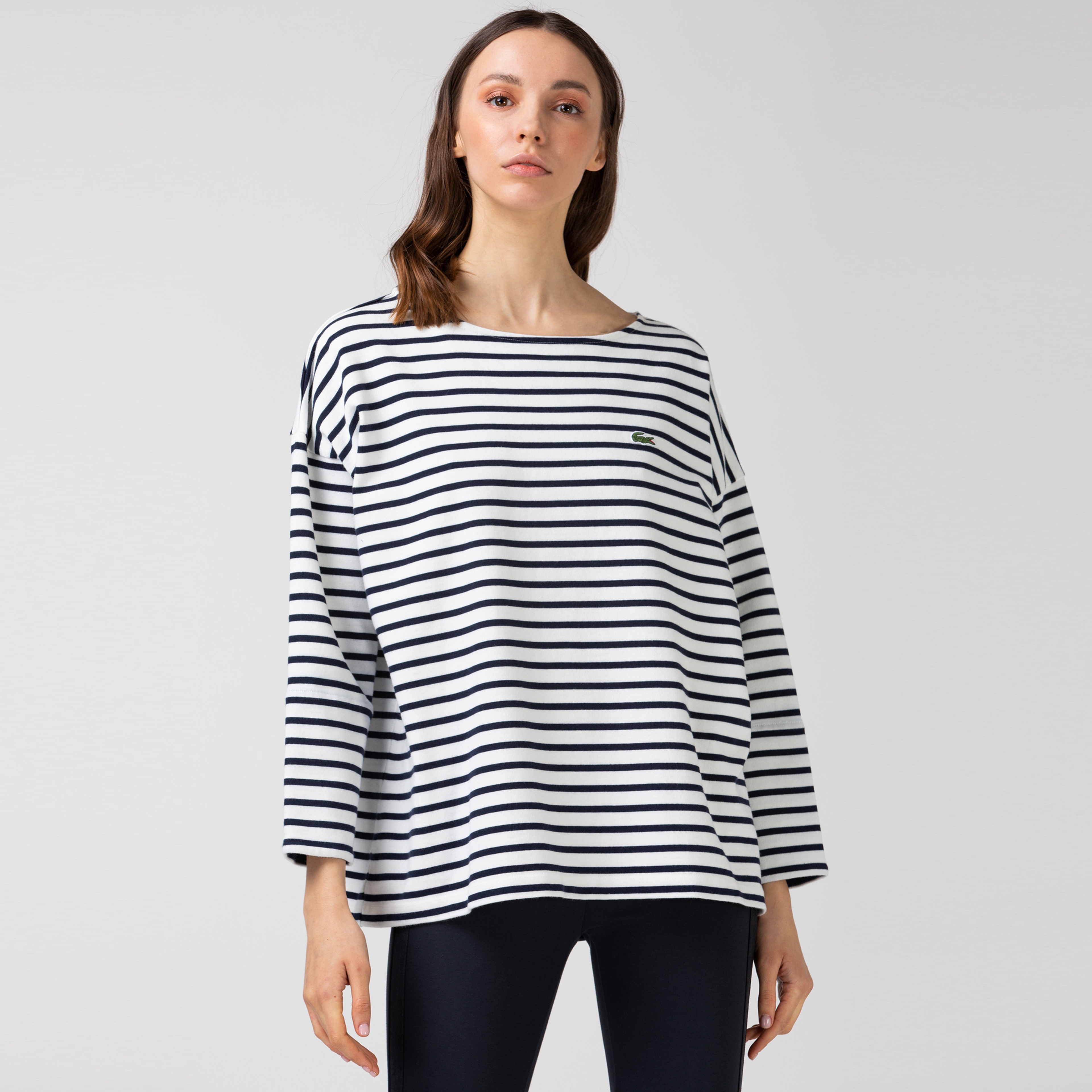 Lacoste Kadın Kayık Yaka Çizgili Uzun Kollu Lacivert - Beyaz T-Shirt
