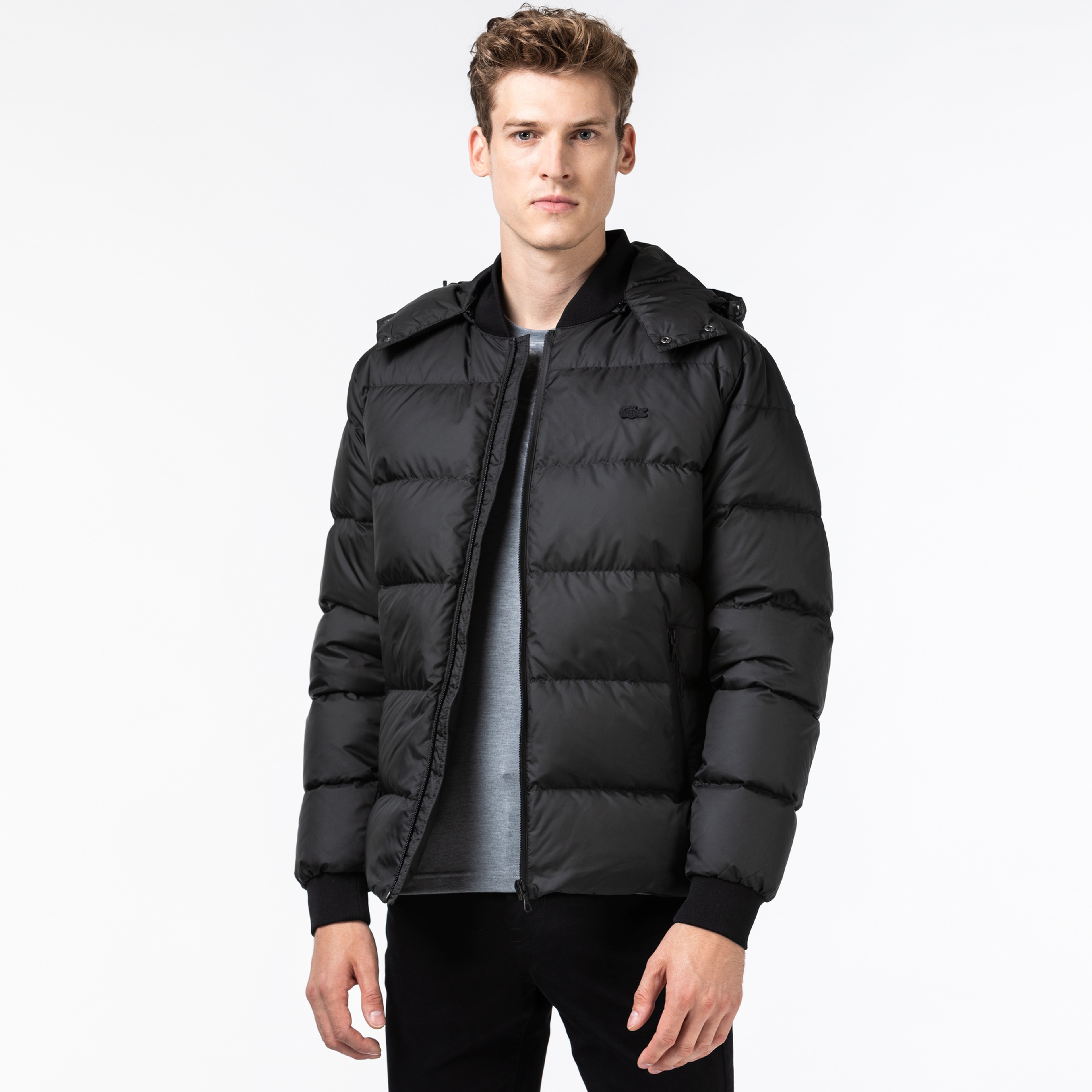 Lacoste Erkek Kapitone Kapüşonlu Siyah Mont