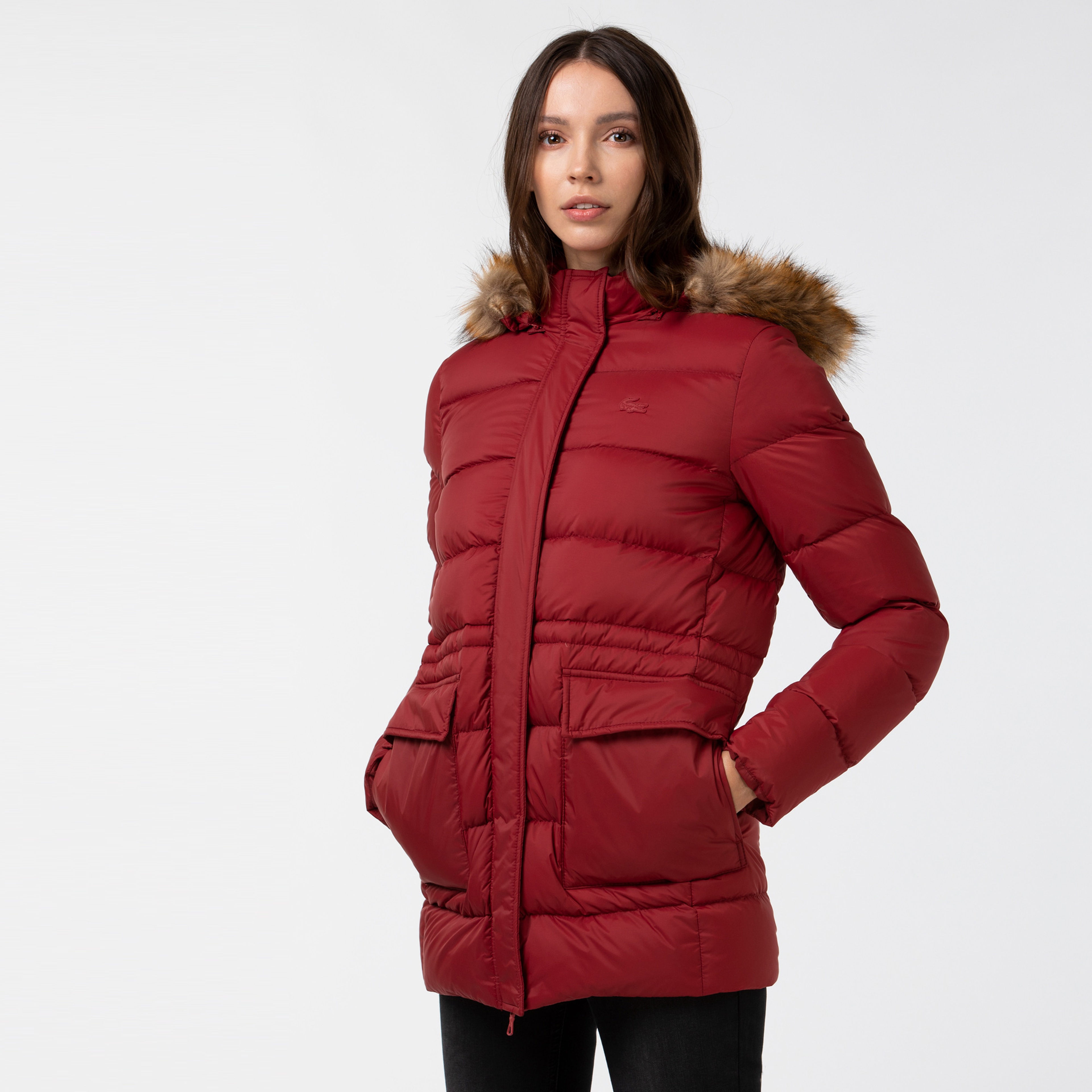 Lacoste Kadın Kapitone Kapüşonlu Bordo Mont