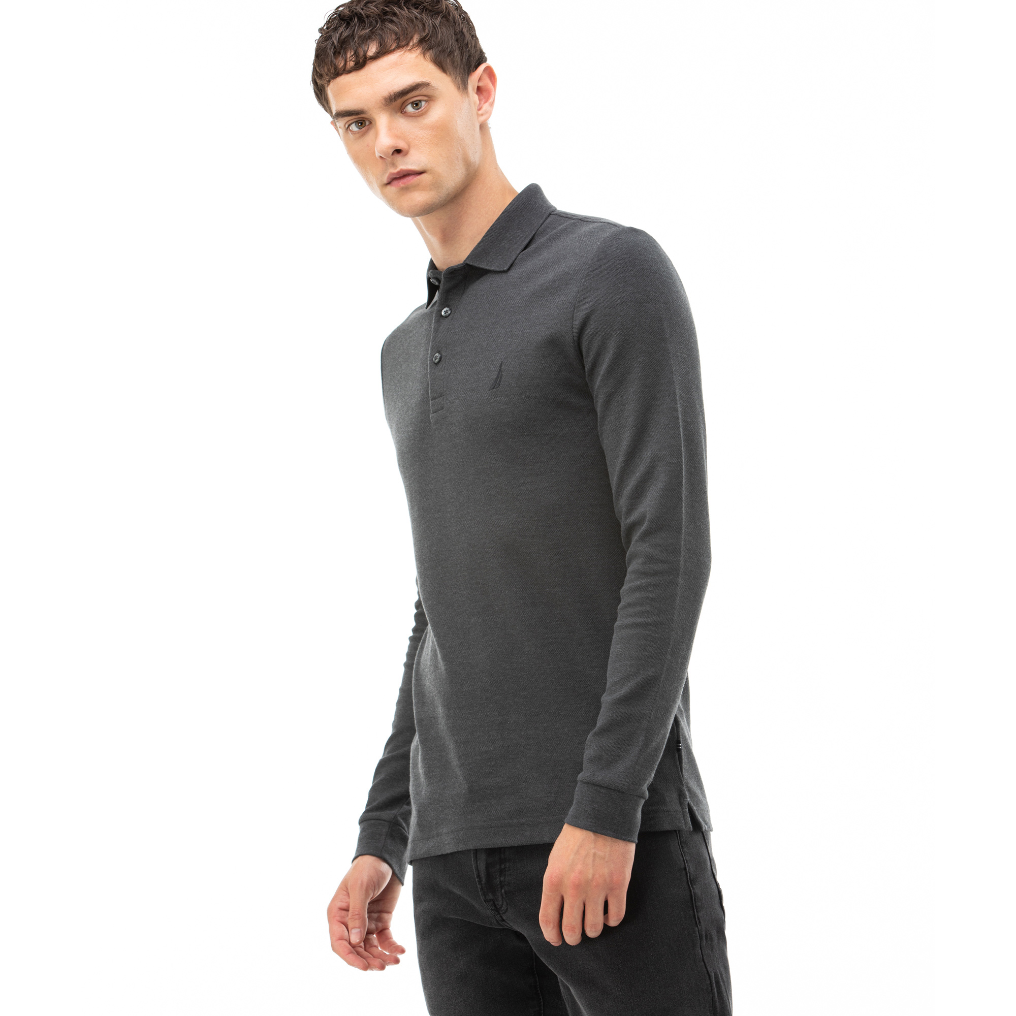 NAUTICA ERKEK GRİ SLIM FIT UZUN KOLLU POLO