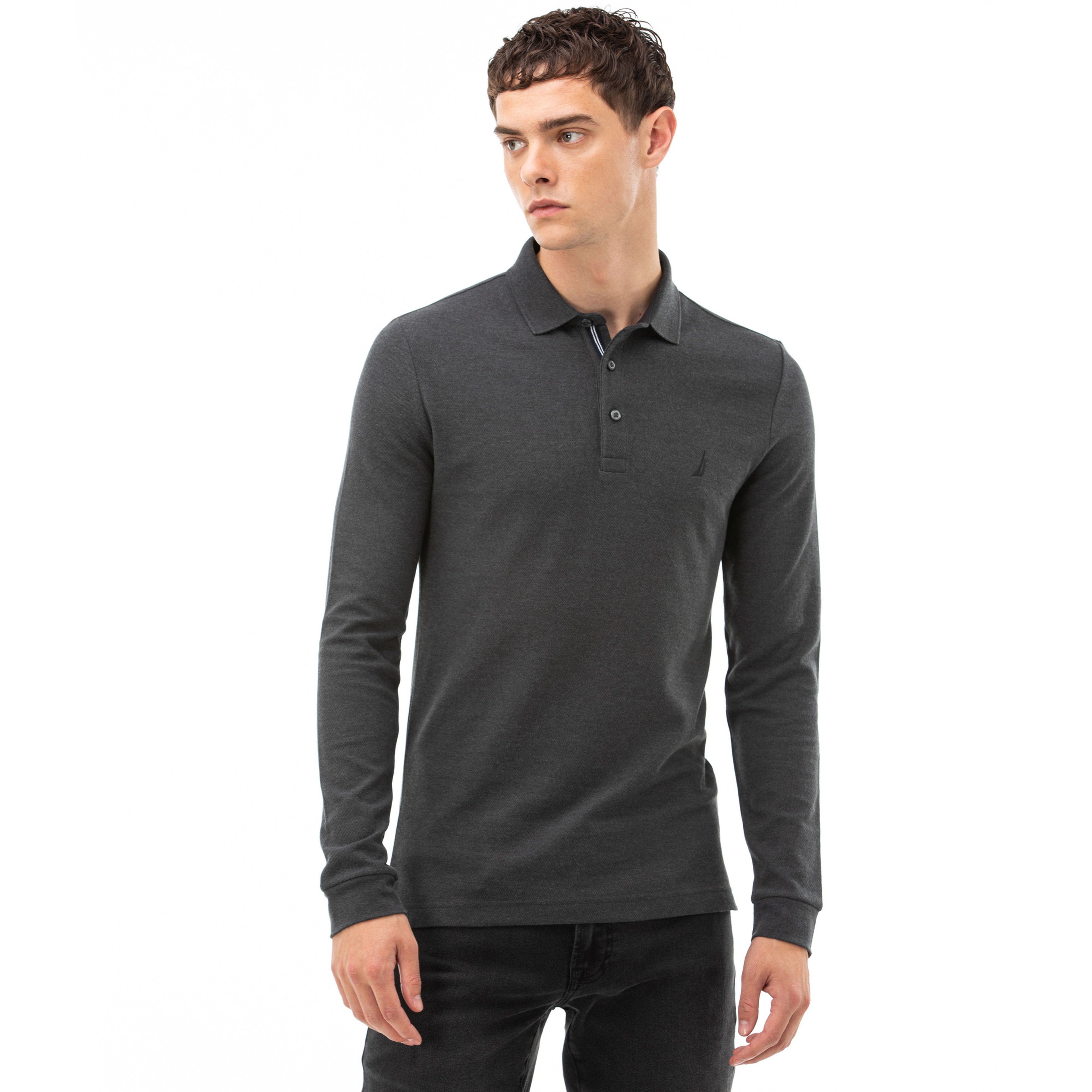 NAUTICA ERKEK GRİ SLIM FIT UZUN KOLLU POLO