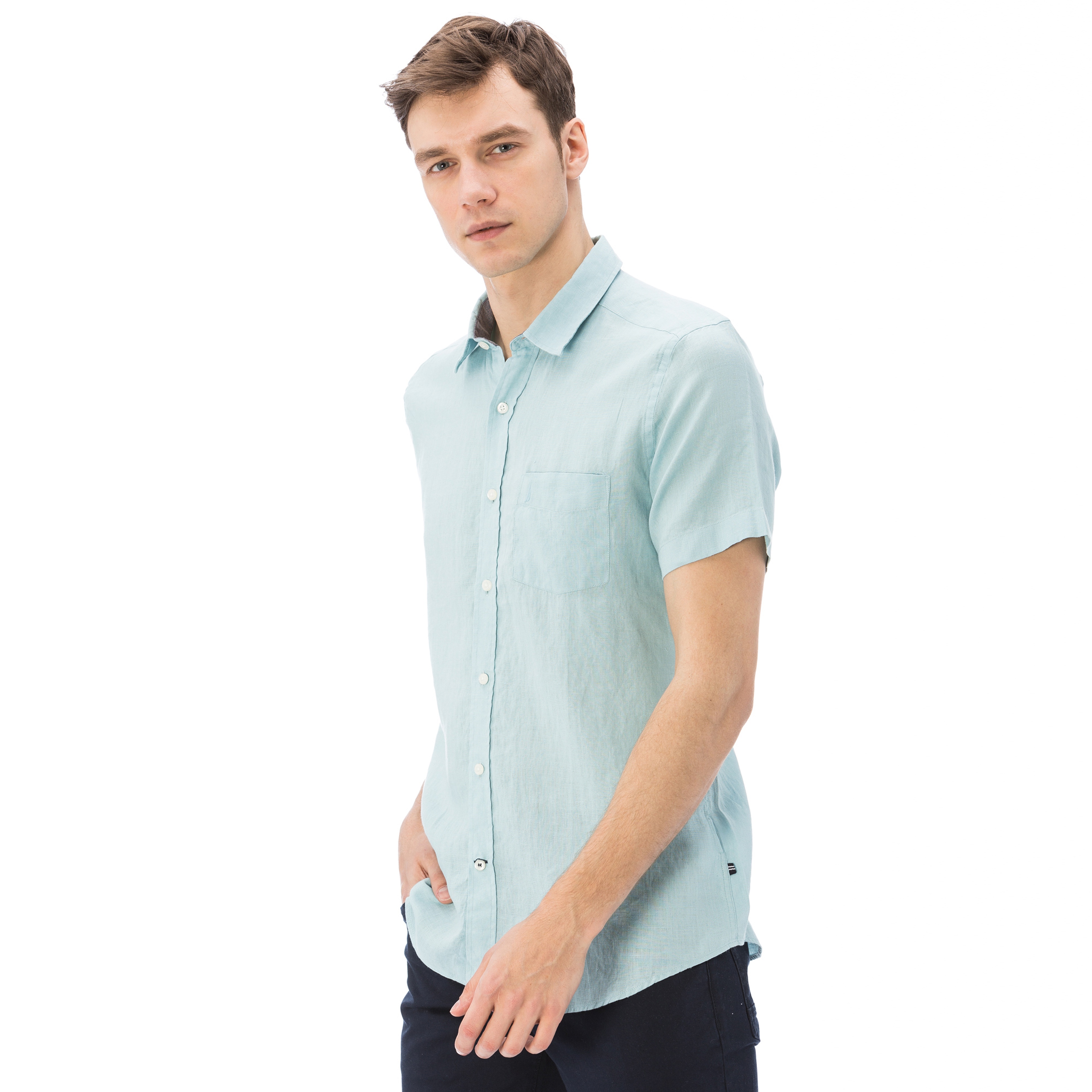 Nautica Erkek Mavi Kısa Kollu Keten Gömlek