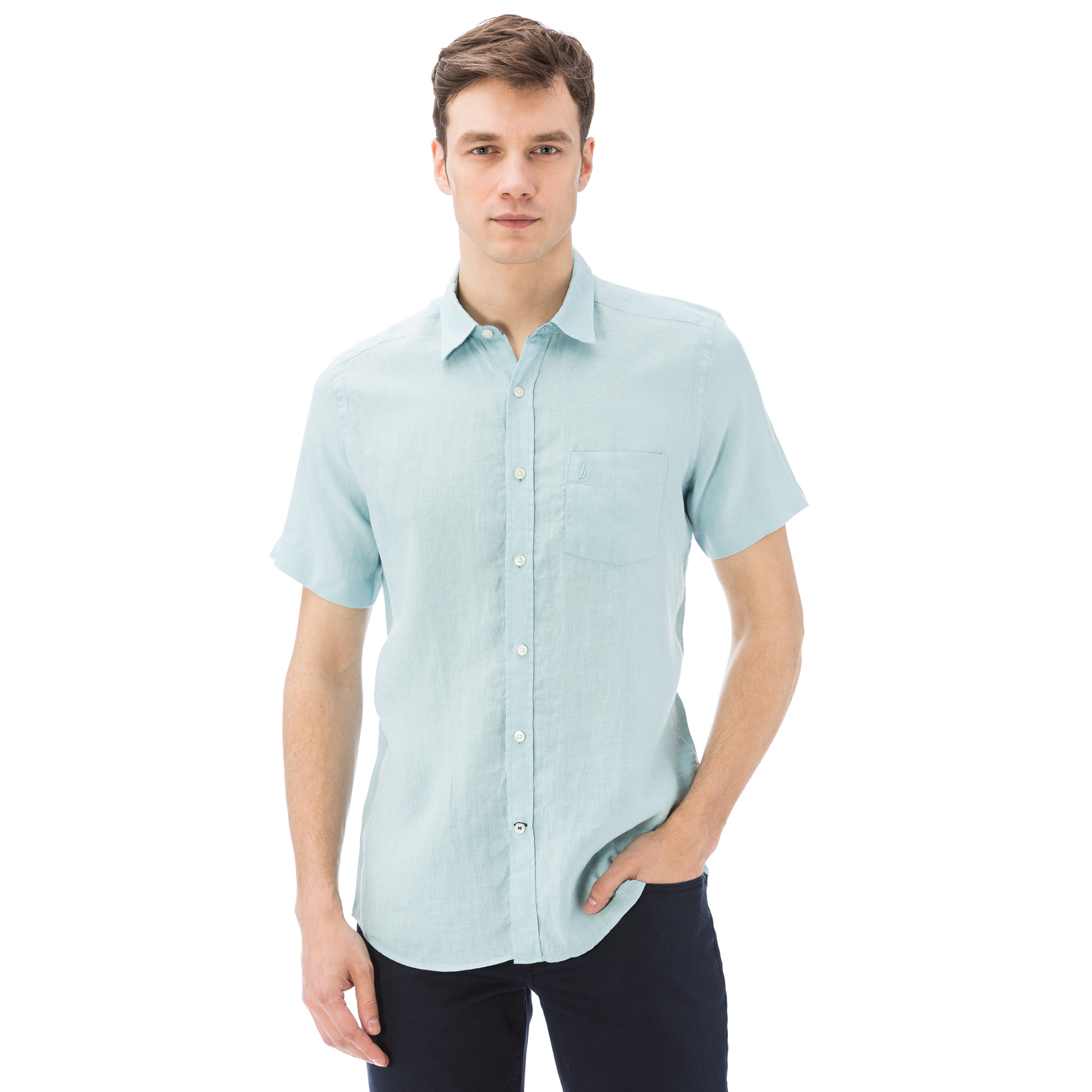 Nautica Erkek Mavi Kısa Kollu Keten Gömlek