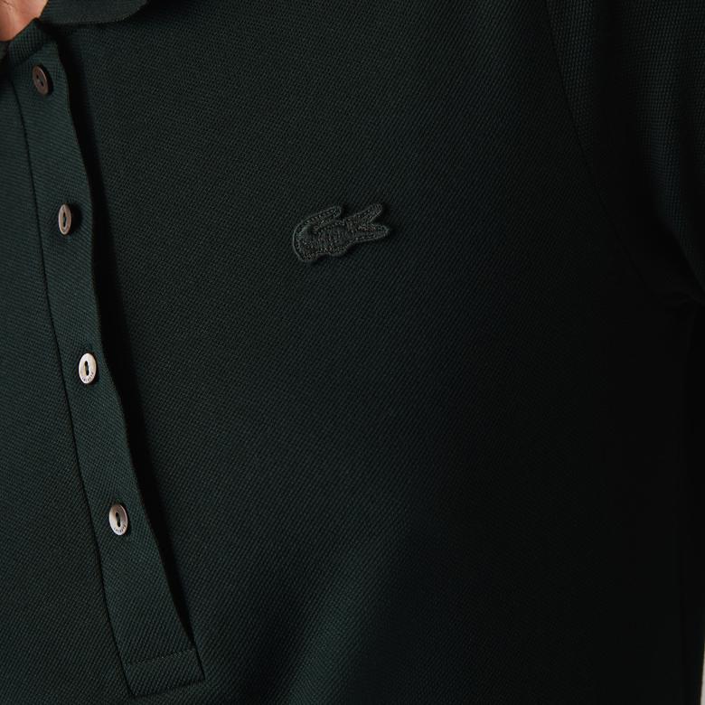 Kadın Slim Fit Uzun Kollu Koyu Yeşil Polo