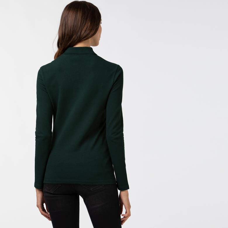 Kadın Slim Fit Uzun Kollu Koyu Yeşil Polo