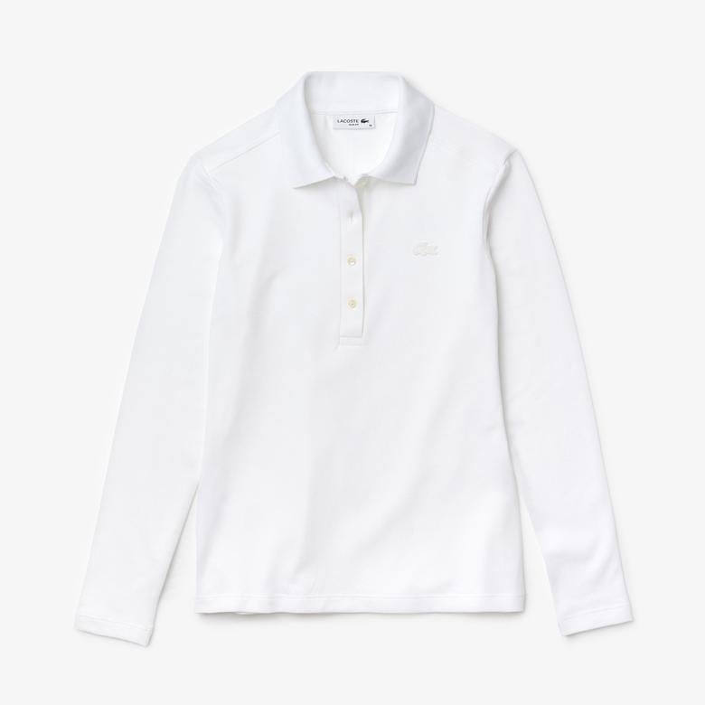Kadın Slim Fit Uzun Kollu Beyaz Polo