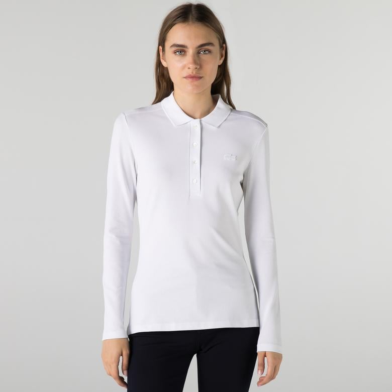Kadın Slim Fit Uzun Kollu Beyaz Polo
