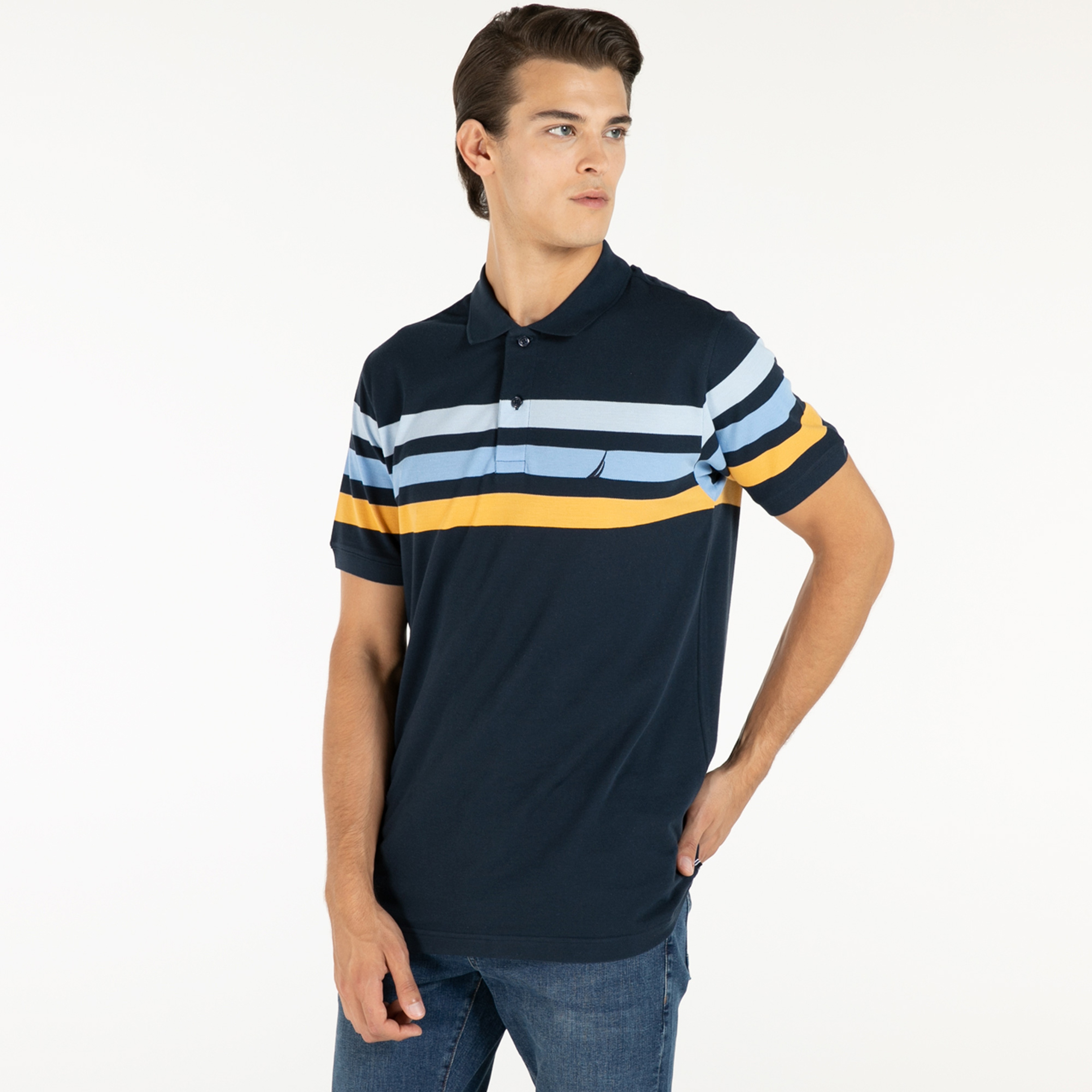 NAUTICA ERKEK LACİVERT ÇİZGİLİ CLASSIC FIT KISA KOLLU POLO