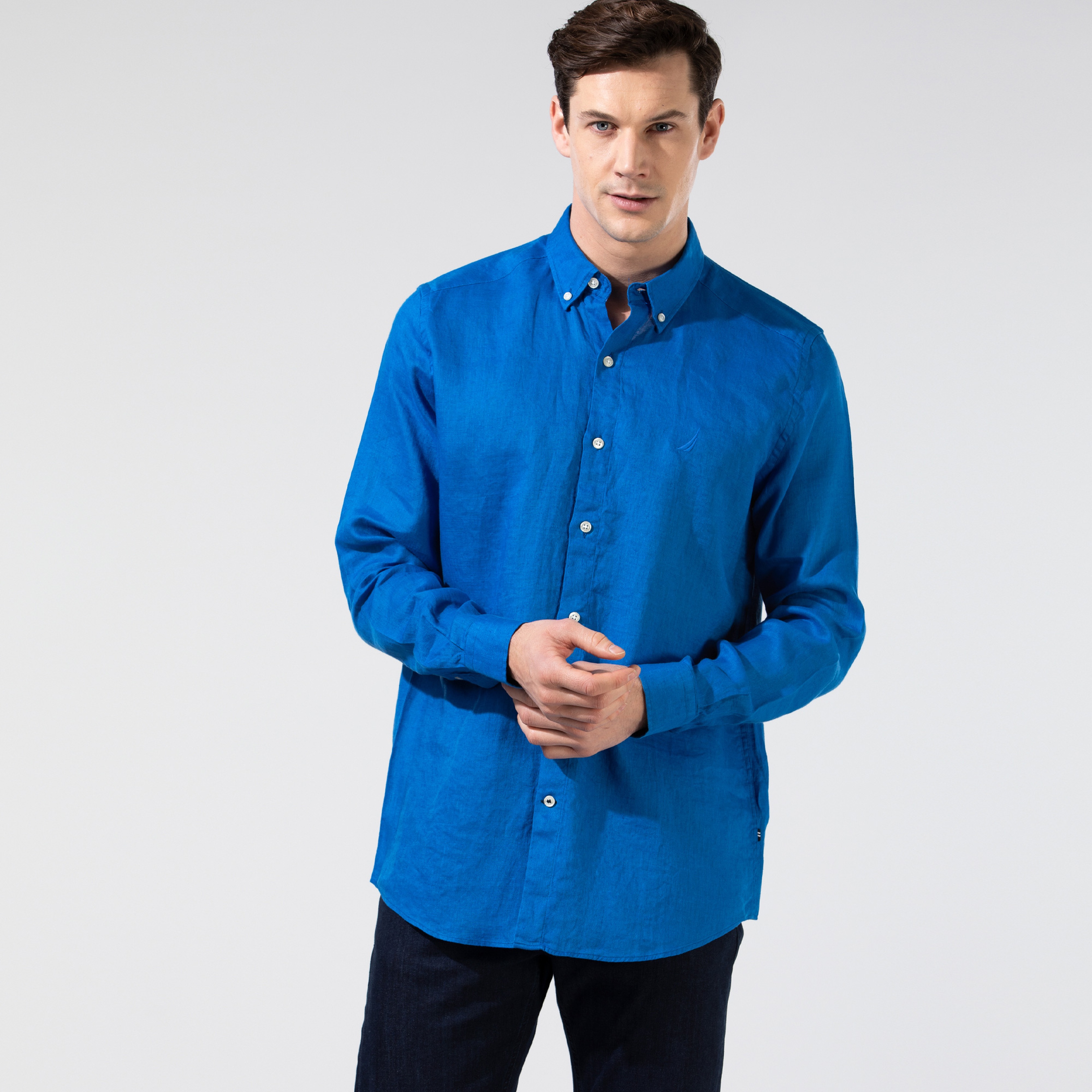 Nautica Erkek Mavi Classic Fit Uzun Kollu Keten Gömlek