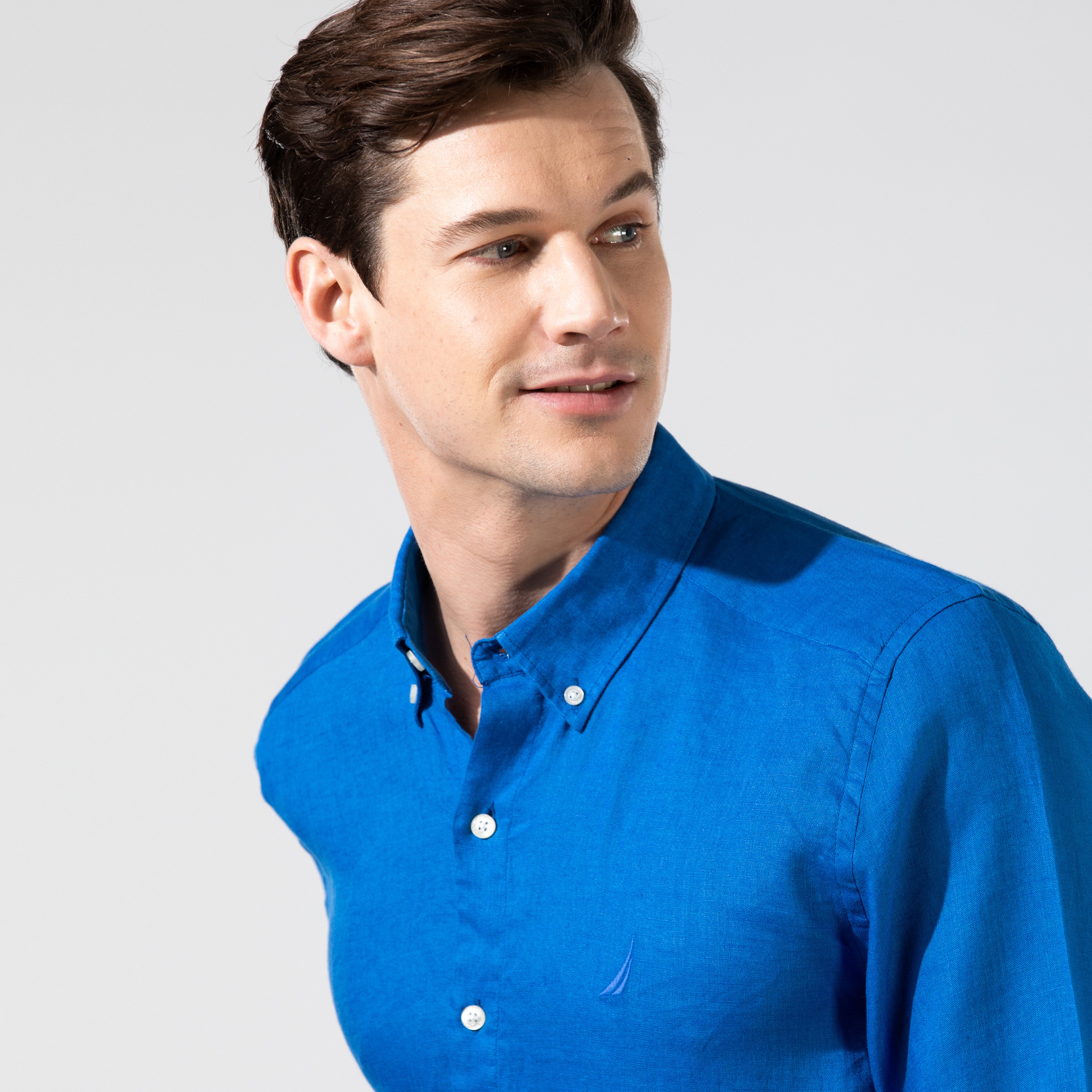 Nautica Erkek Mavi Classic Fit Uzun Kollu Keten Gömlek