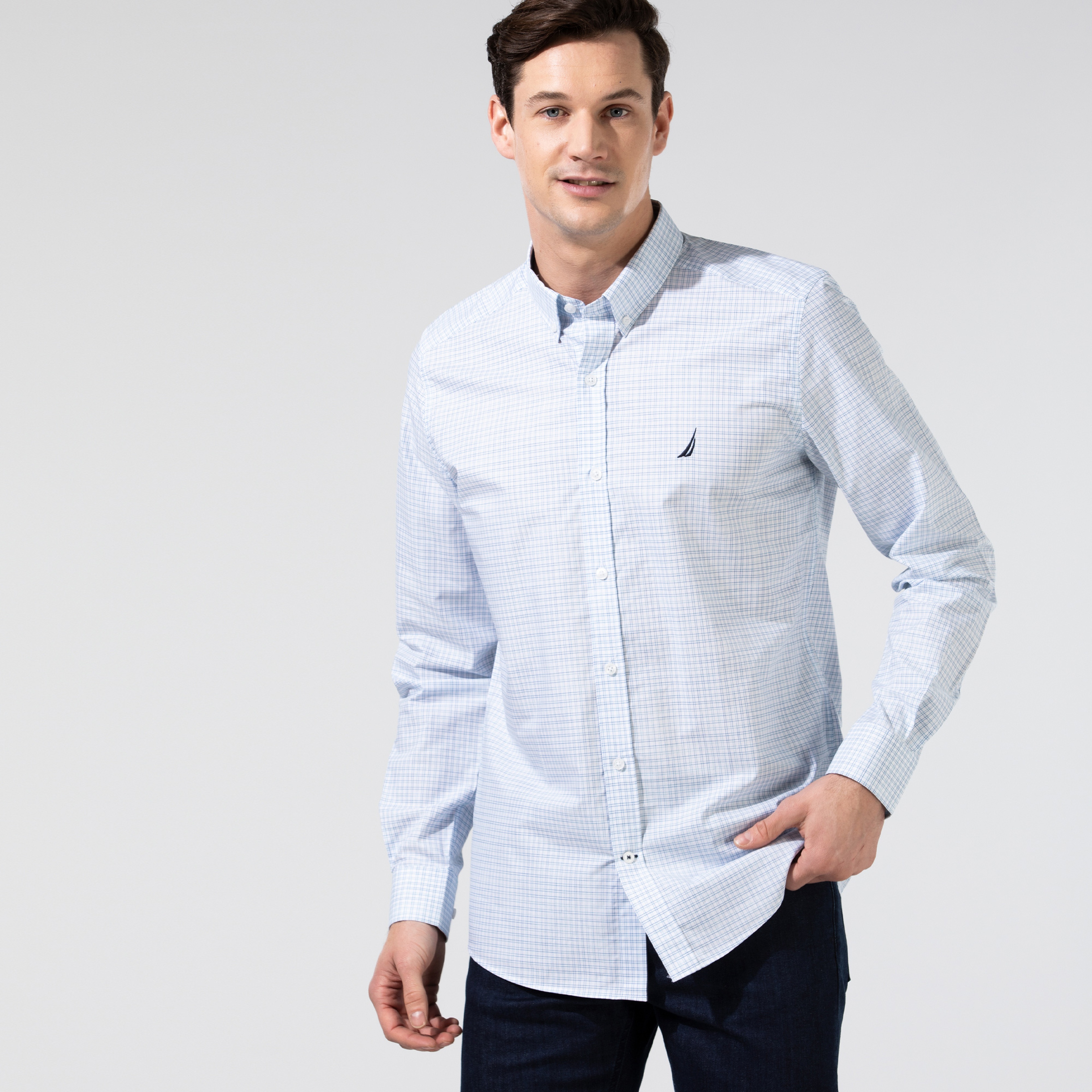 NAUTICA ERKEK MAVİ SLIM FIT EKOSE UZUN KOLLU GÖMLEK