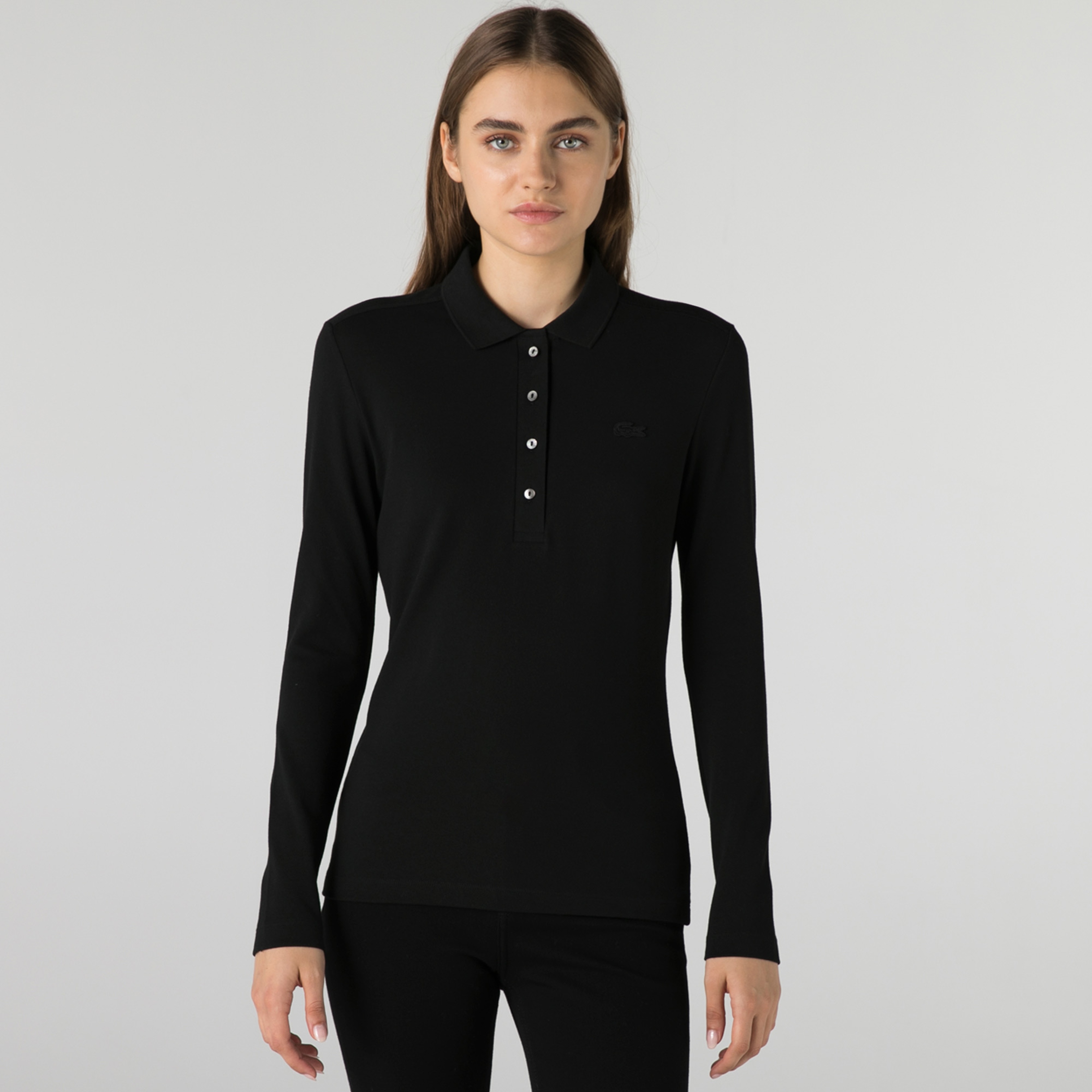 Kadın Slim Fit Uzun Kollu Siyah Polo