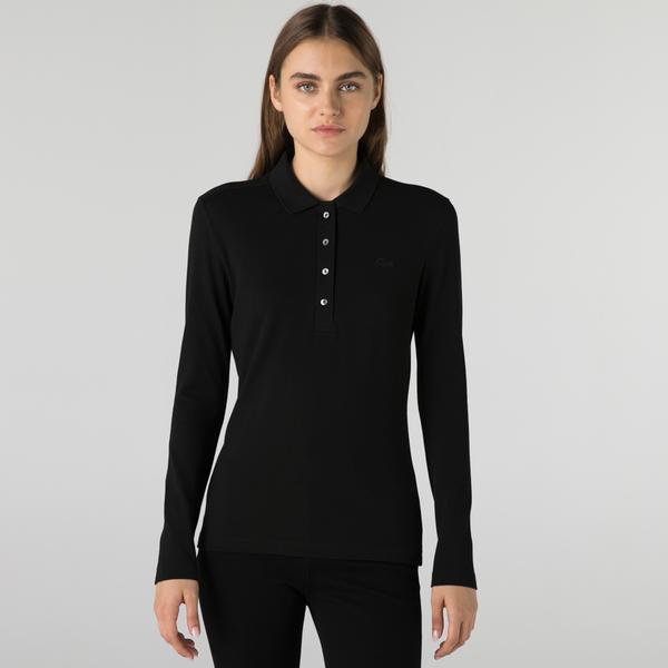 Kadın Slim Fit Uzun Kollu Siyah Polo