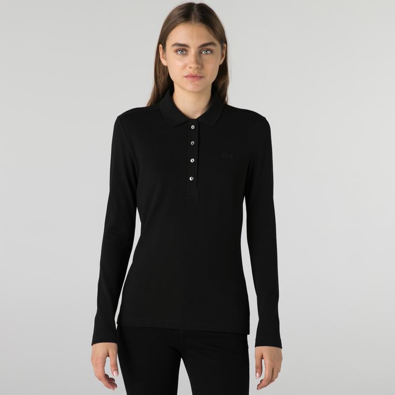 Kadın Slim Fit Uzun Kollu Siyah Polo
