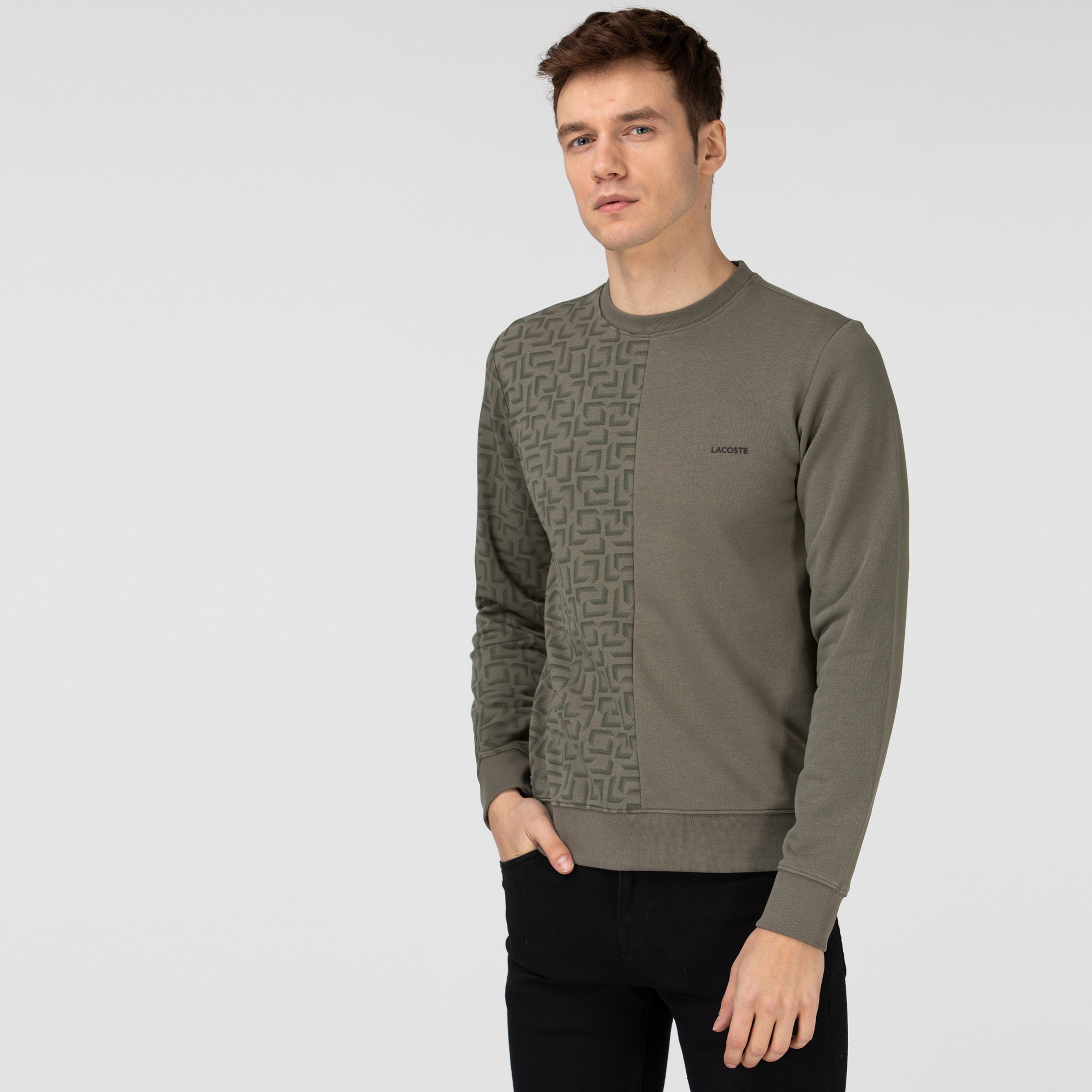 Lacoste Erkek Bisiklet Yaka Desenli Haki Sweatshirt