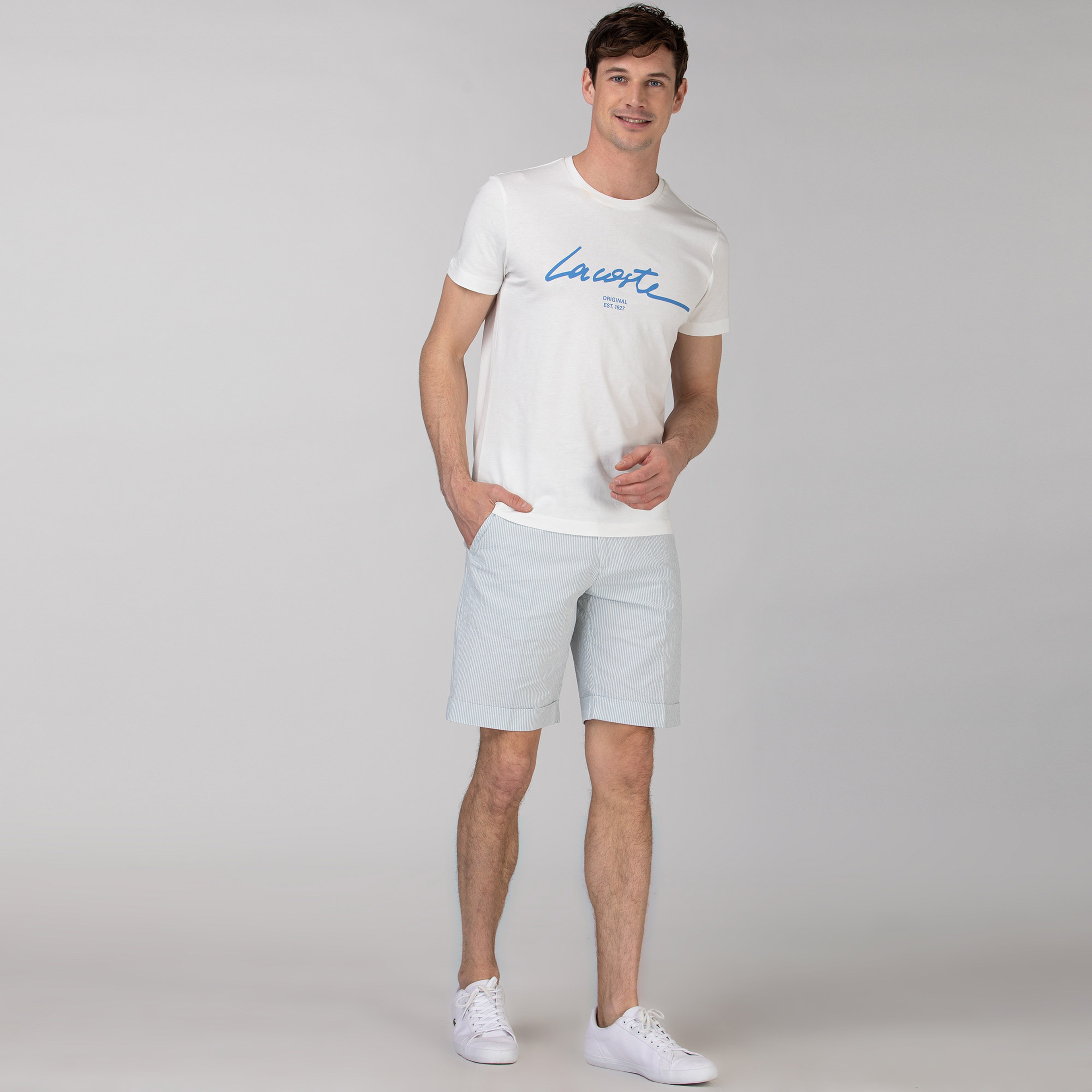 Lacoste Erkek Çizgili Açık Mavi Bermuda Şort