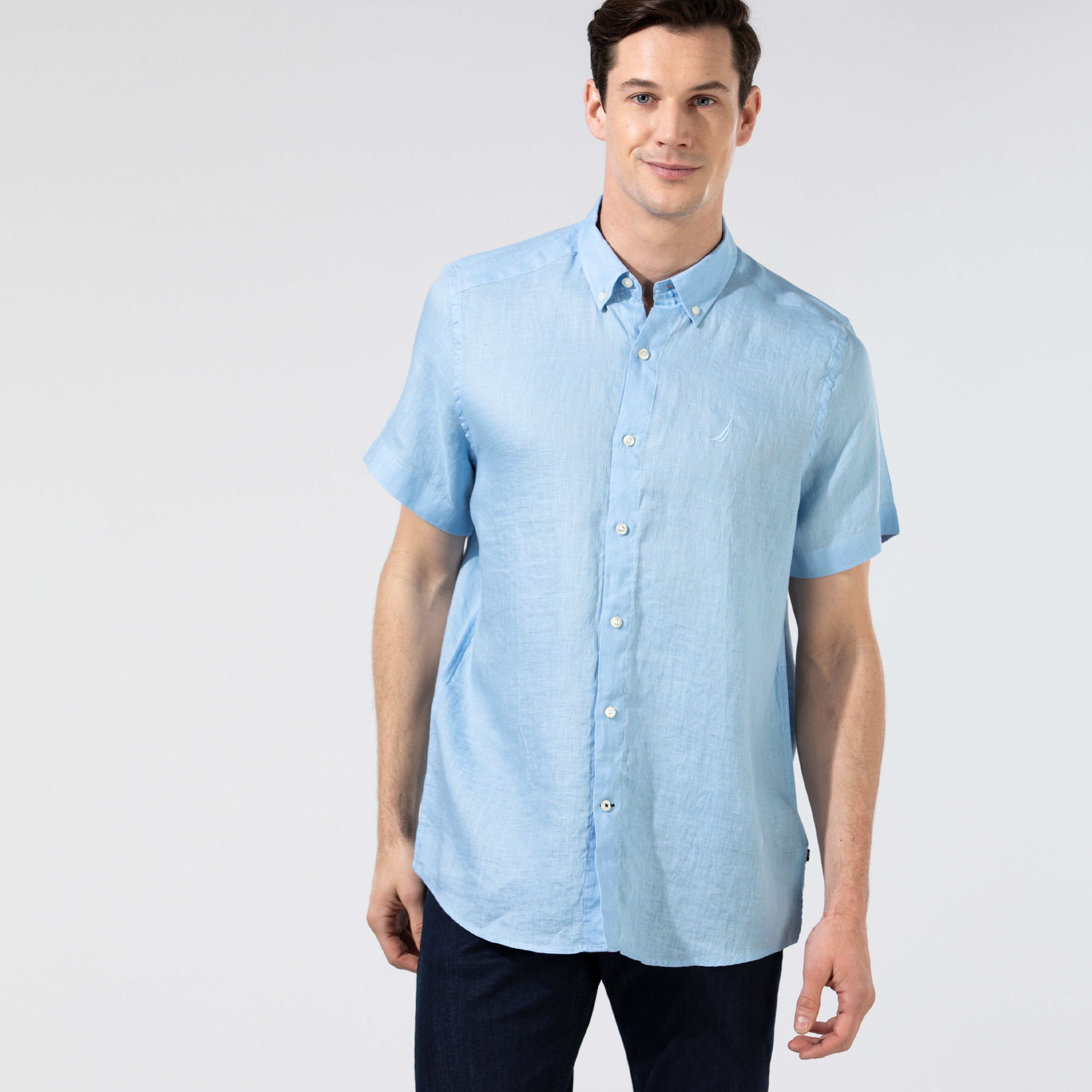 NAUTICA ERKEK CLASSIC FIT MAVİ KISA KOLLU KETEN GÖMLEK